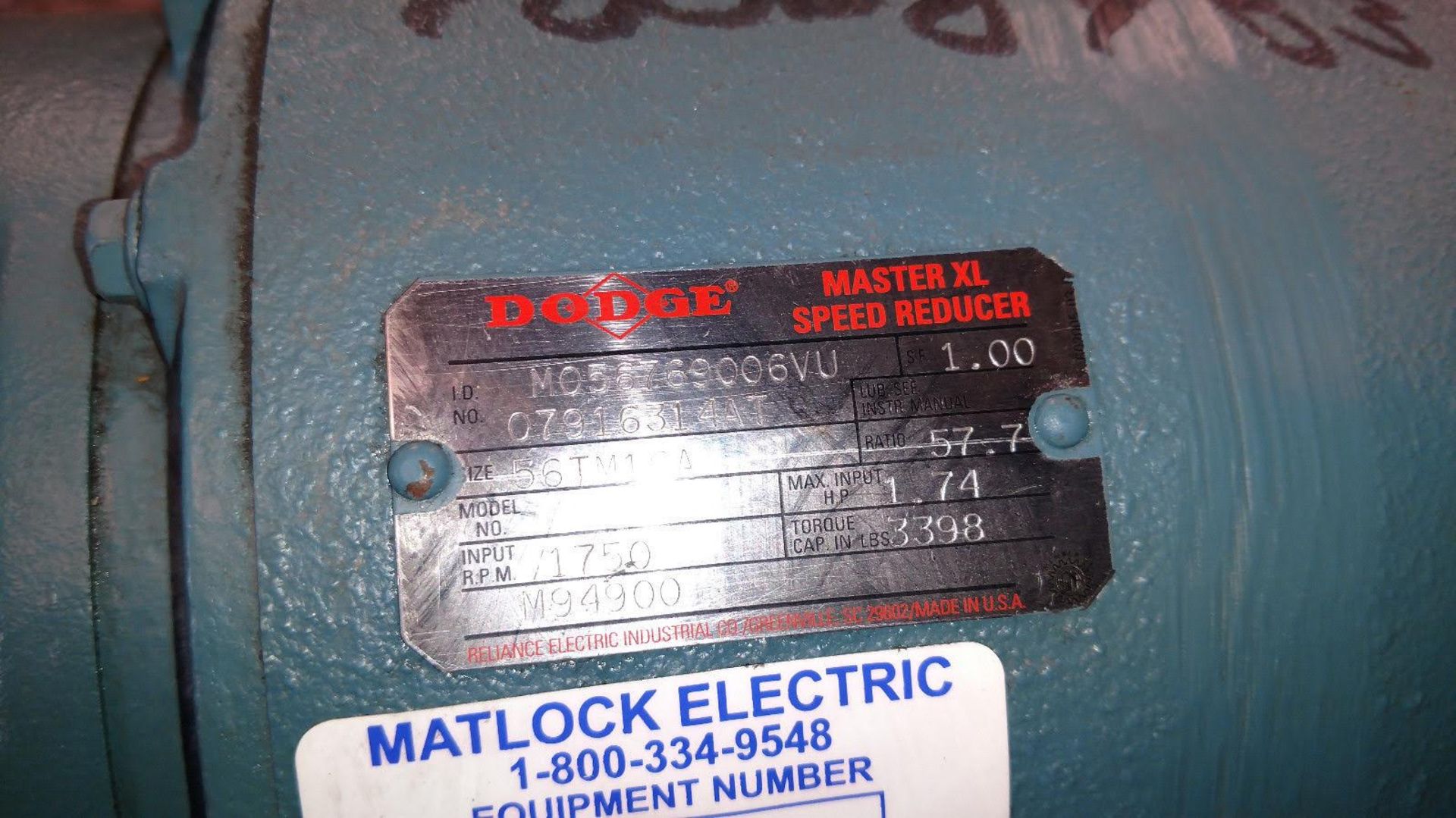 (1) *USED* Dodge M056769006VU Master XL Speed Reducer 57.7 Ratio w/Reliance 3/4HP Motor *USED* - Image 4 of 5