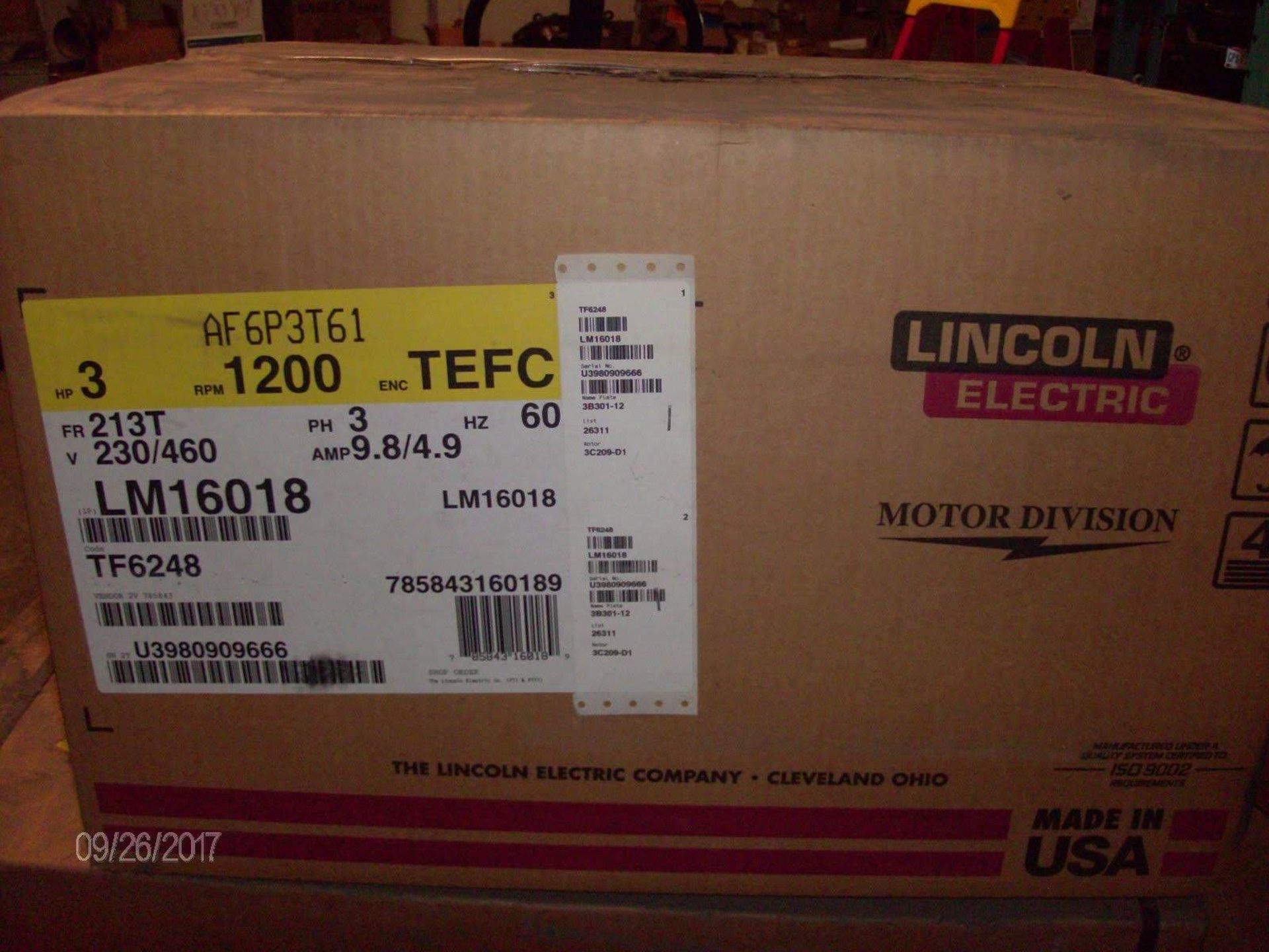 (1) *NIB* Lincoln Electric Motor LM16018 3HP 1200RPM enc TEFC *NIB* - Image 2 of 5