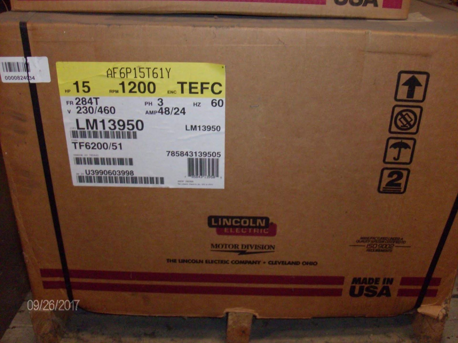 (1) *NIB* Lincoln Electric Motor LM13950 15HP 1200RPM encTEFC 284T *NIB* - Image 3 of 3