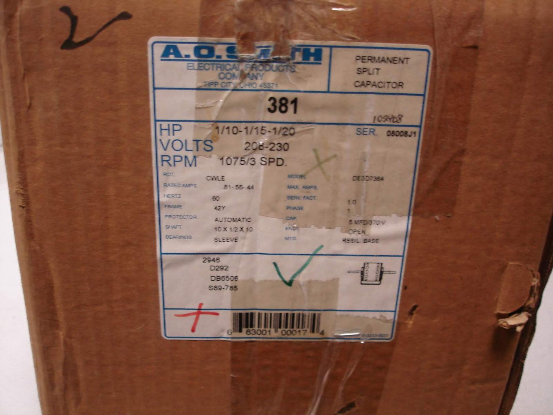 (1) *NIB* AO SMITH 381 HP1/10-1/15-1/20 VOLTS208-230 RPM 1075/3 SPD ELECTRIC *NIB* - Image 2 of 3