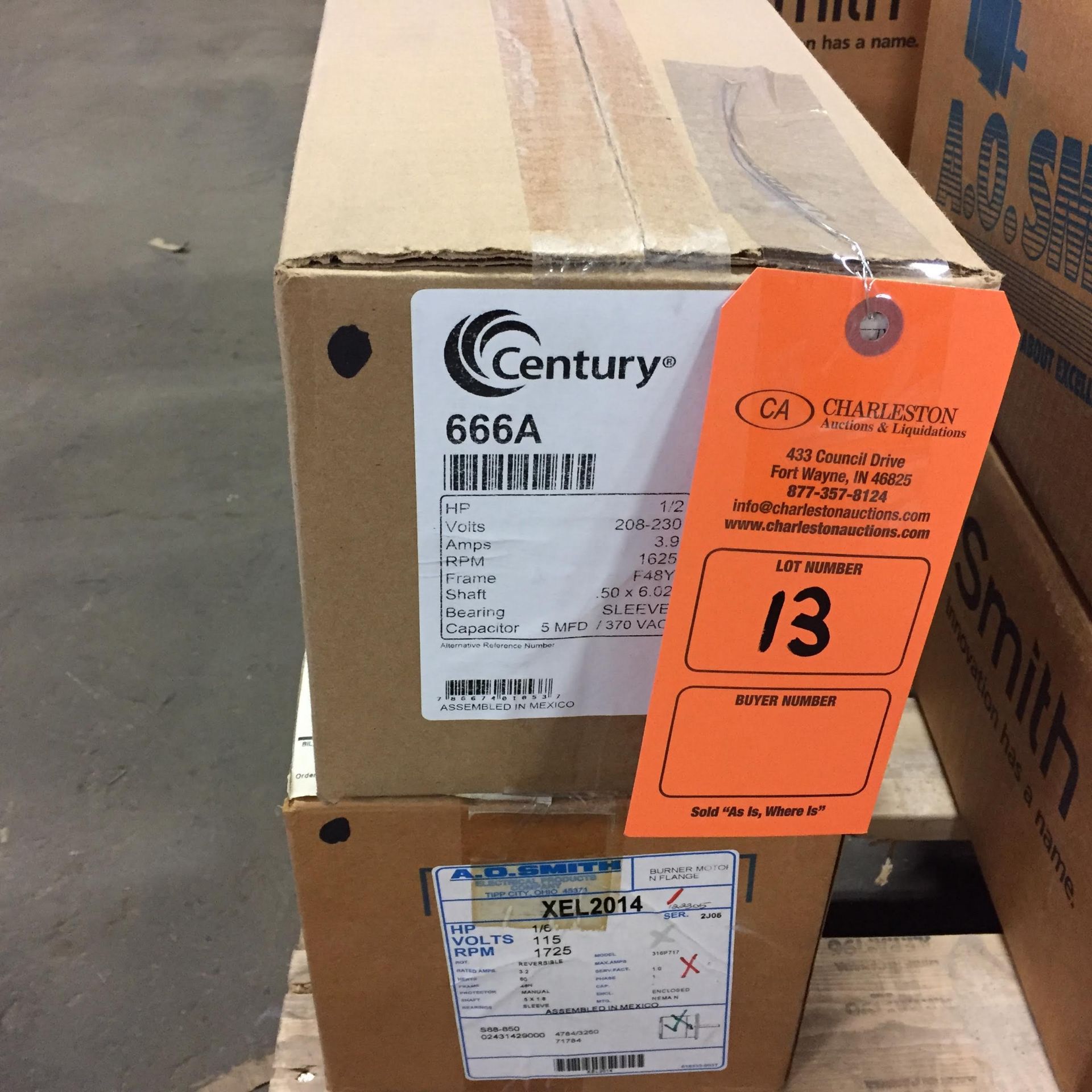 (1) *NIB* CENTURY 666A MOTOR HP1/2 VOLTS208-230 AMPS3.9 RPM1625 F48Y *NIB*; (1) *NIB* A.O. SMITH