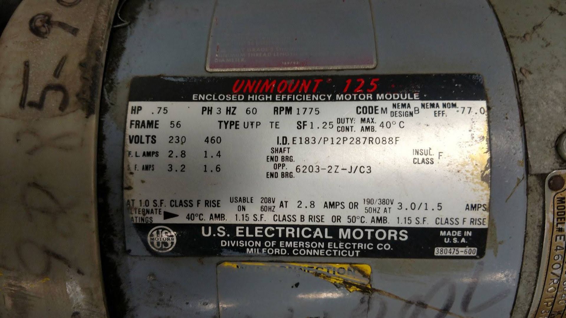 (1) *USED* US Electrical Motors .75HP Motor E183/P12P287R088F w/Synchrogear Module E460/R01P315R030F - Image 2 of 3