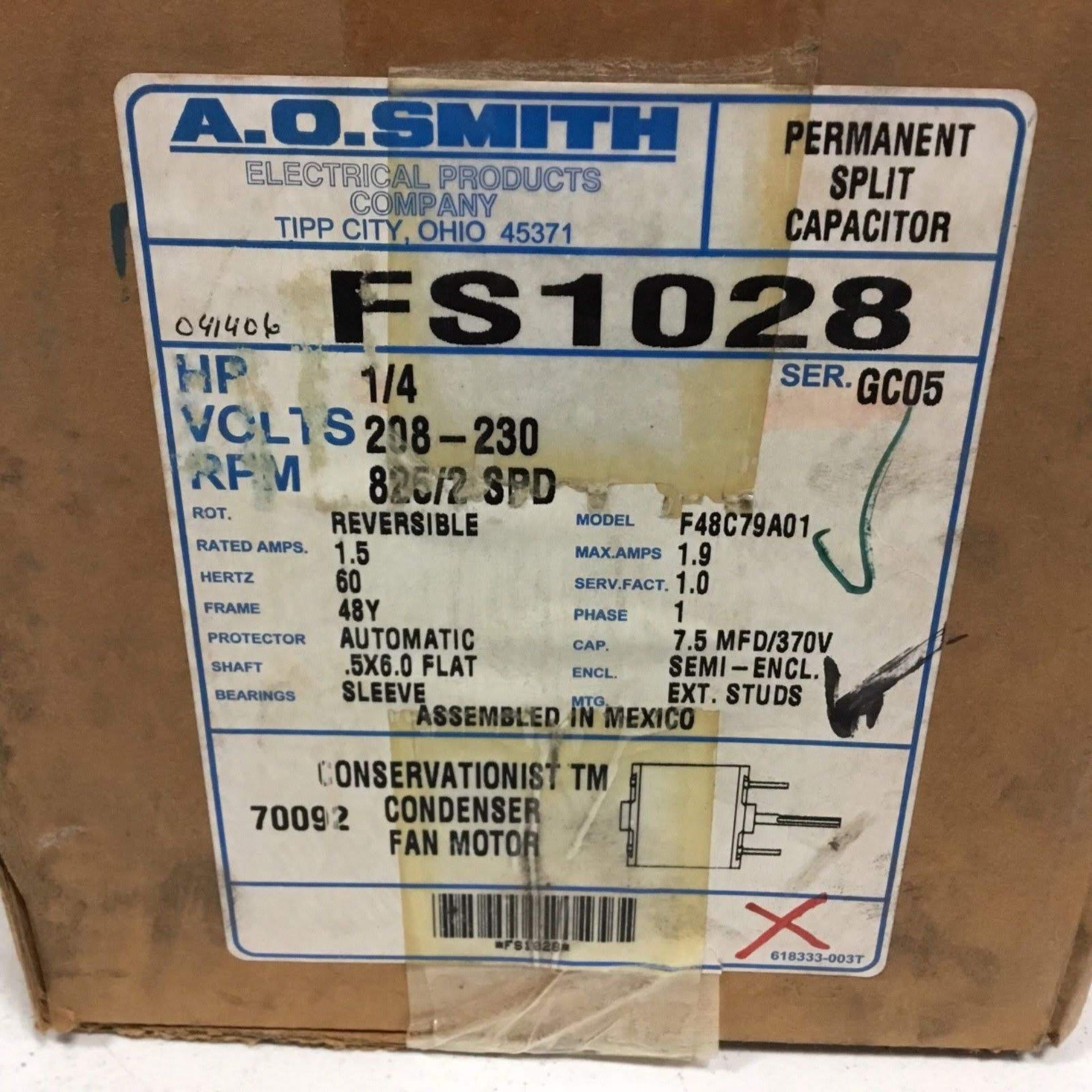 (1) *NIB* AO Smith FS1028 Condenser Motor 1/4 HP 208-230V 825RPM 48Y 1.5Amp *NIB* - Image 2 of 2