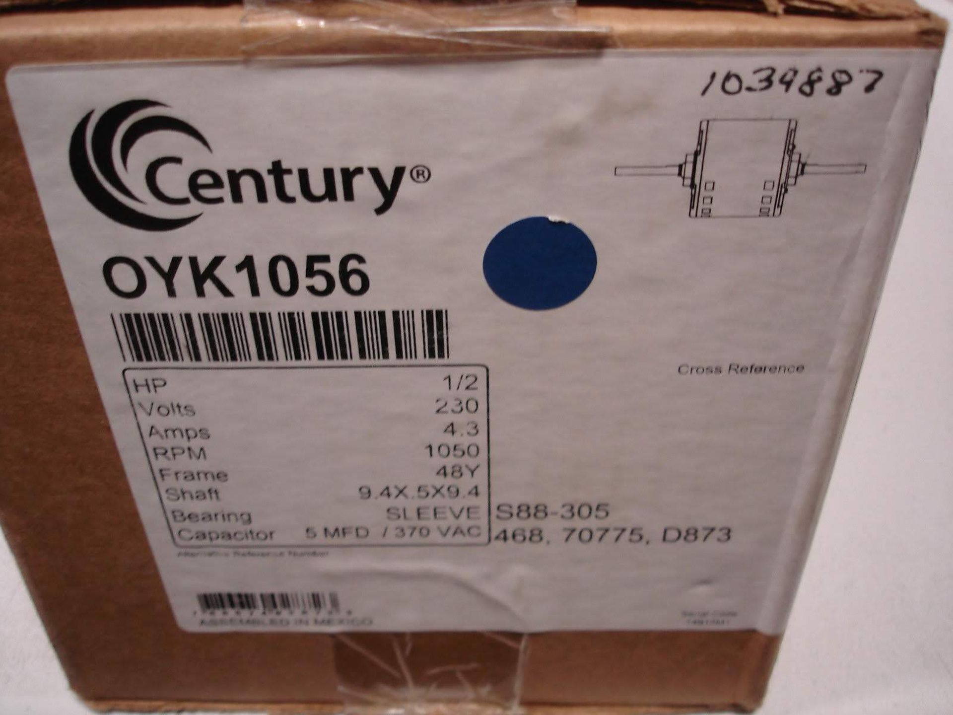 (1) *NIB* CENTURY OYK1056 ELECTRIC MOTOR HP1/2 VOLTS230 RPM1050 FRAME48Y *NIB* - Image 2 of 4