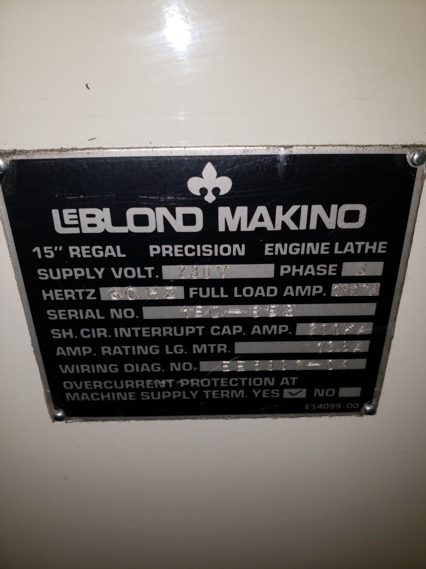 1992 LEBLOND MAKINO 15" LATHE REGAL SERVO SHIFT S# 15C-852 15" X 54" W/ ANILAM 350 PLUS - Image 4 of 4