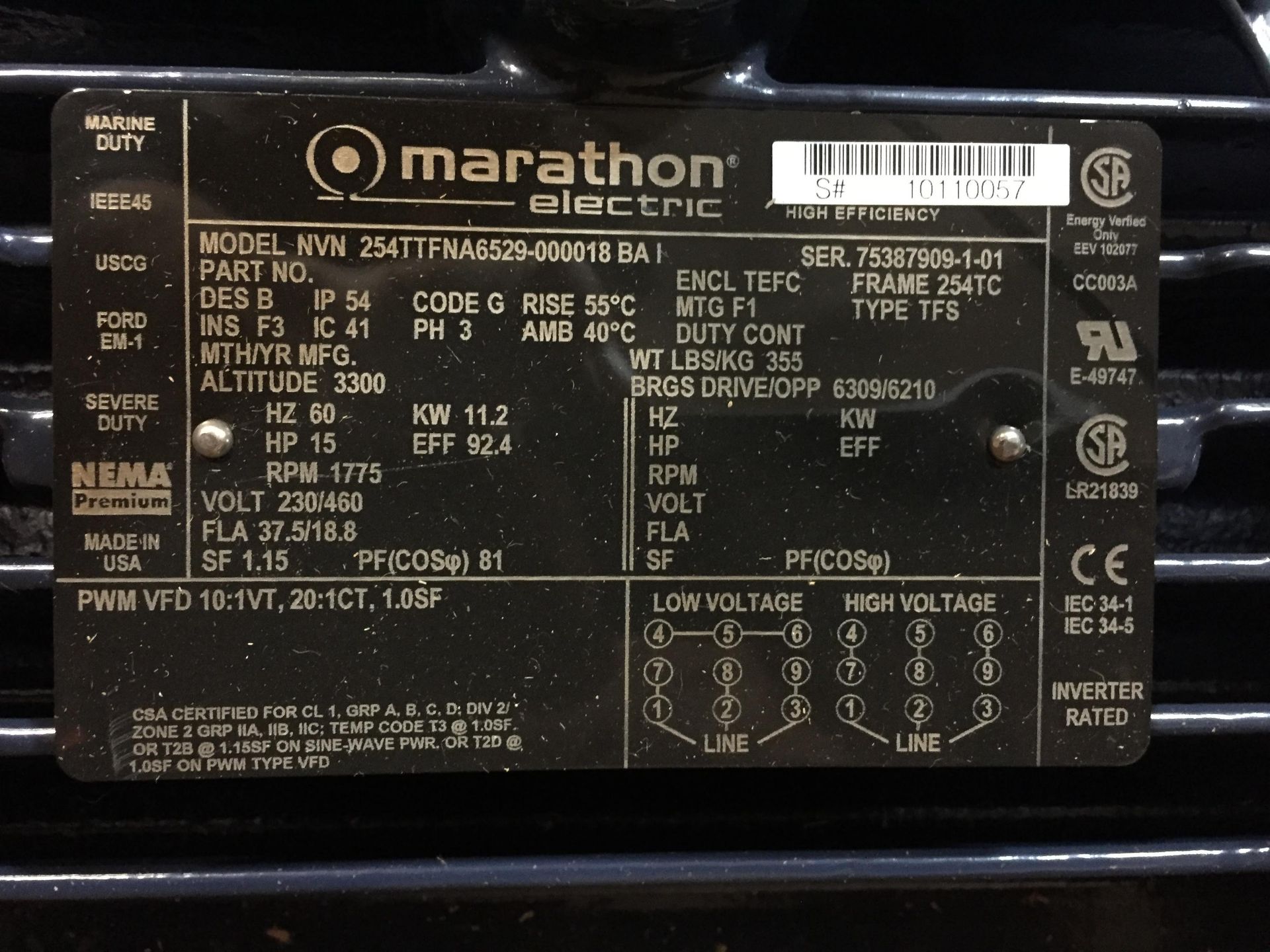 (2) MARATHON ELECTRIC XRI HIGH EFFICIENCY MOTOR MODEL-NVN254TTFNA6529-000018BAI S#75387909-1-02 & - Bild 3 aus 3