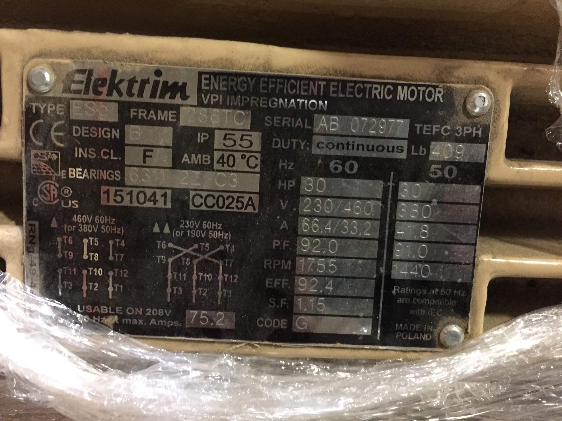 (1) ELEKTRIM ENERGY EFFICIENT ELECTRIC MOTOR TYPE: ESO S#AB072977 30HP/460V/60HZ/1755RPM - Image 2 of 2