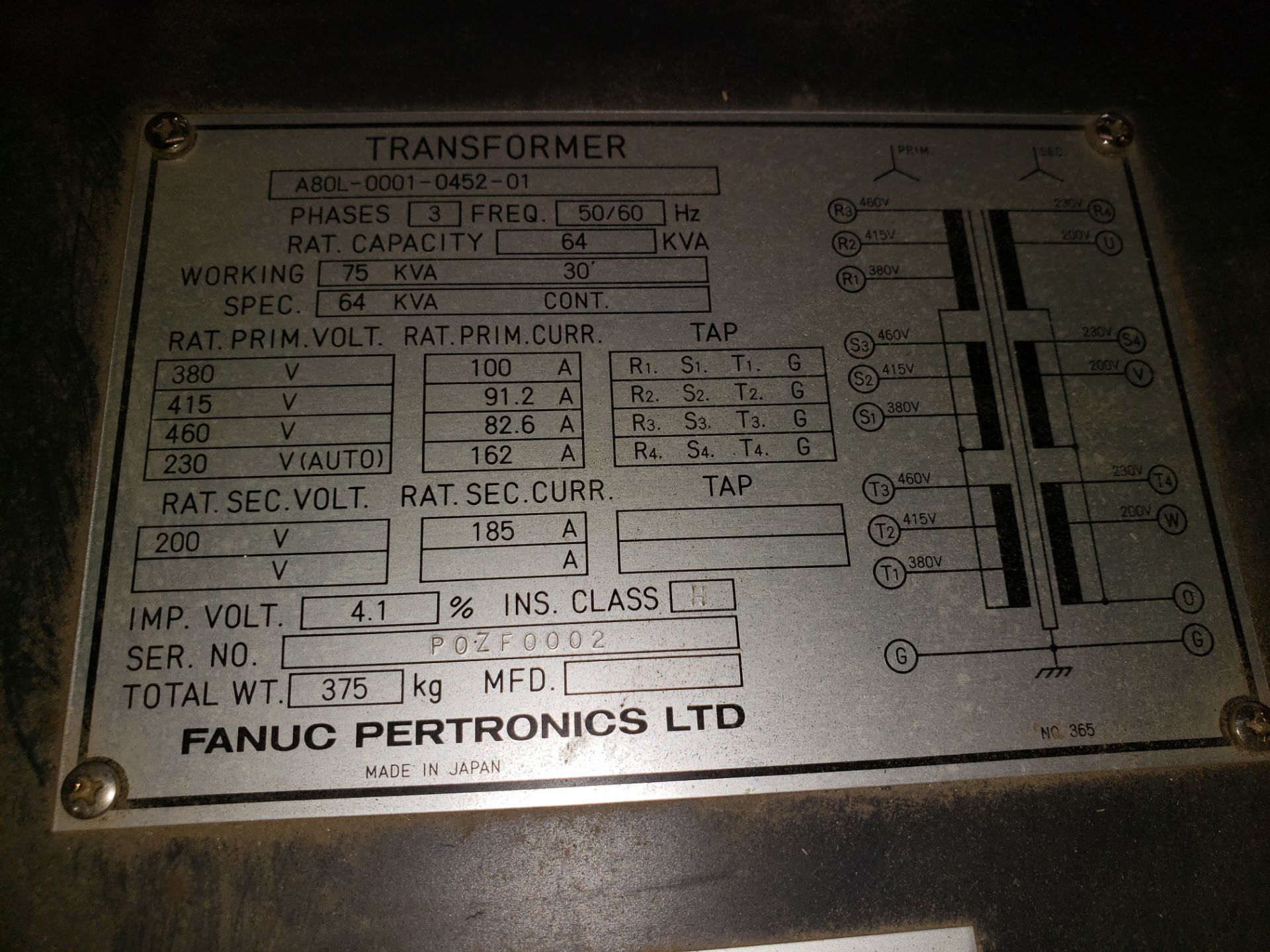 FANUC PERTRONICS TRANSFORMER MODEL-A80L-0001-0452-01 3PH/50/60HZ RAT.CAP. 64 KVA/ WORKING 75 KVA - Bild 2 aus 2