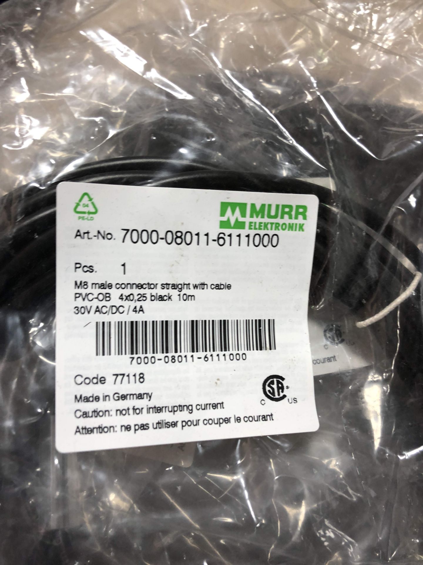 MURR ELEKTRONIK MODEL-7000-08011-611000 M8 MULE CONNECTOR STRAIGHT W/ CABLE (LOCATED AT 2696 E LYTLE - Image 2 of 2