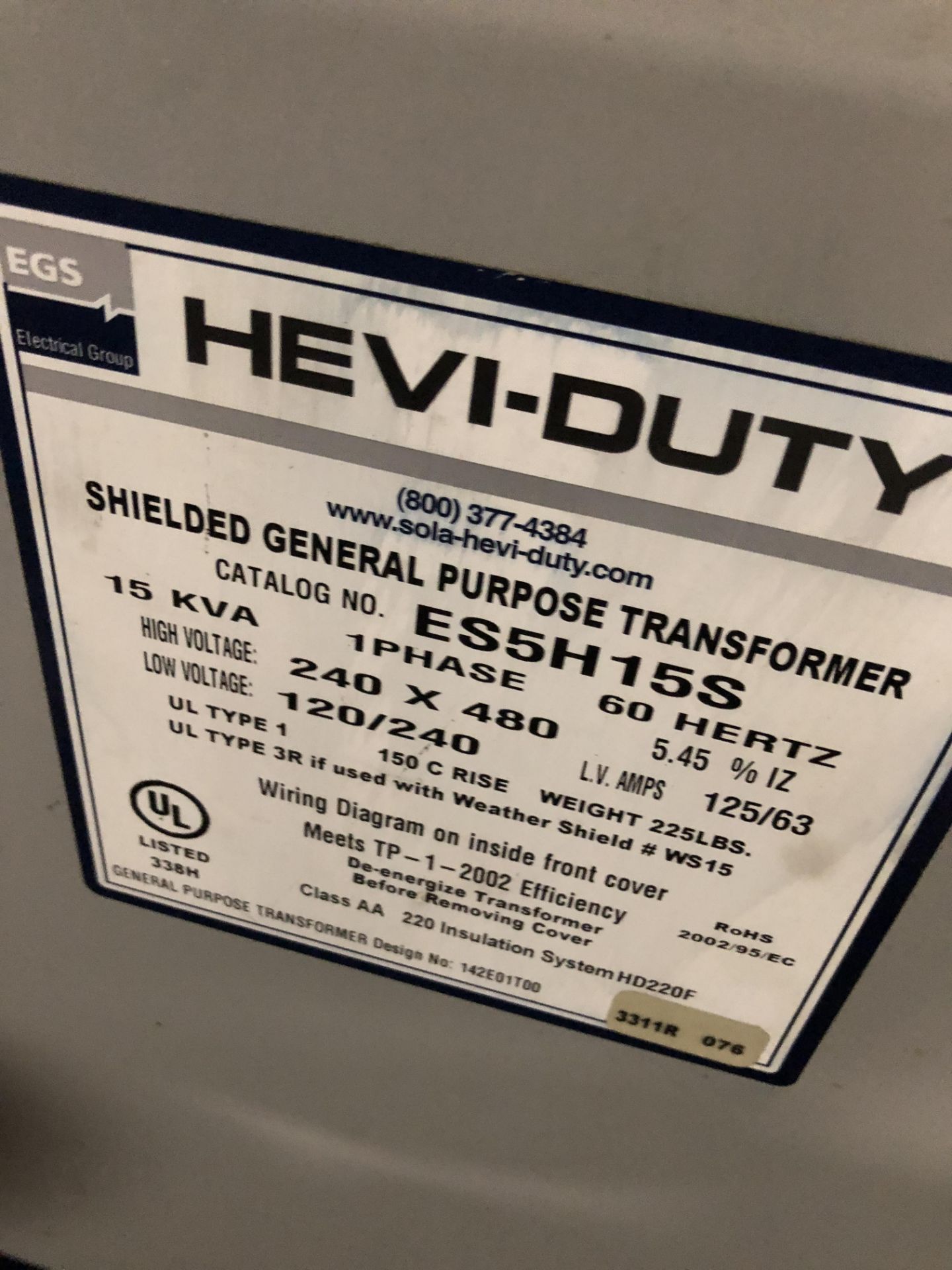 EGS HEVI- DUTY TRANSFORMER 15 KVA - Image 2 of 2