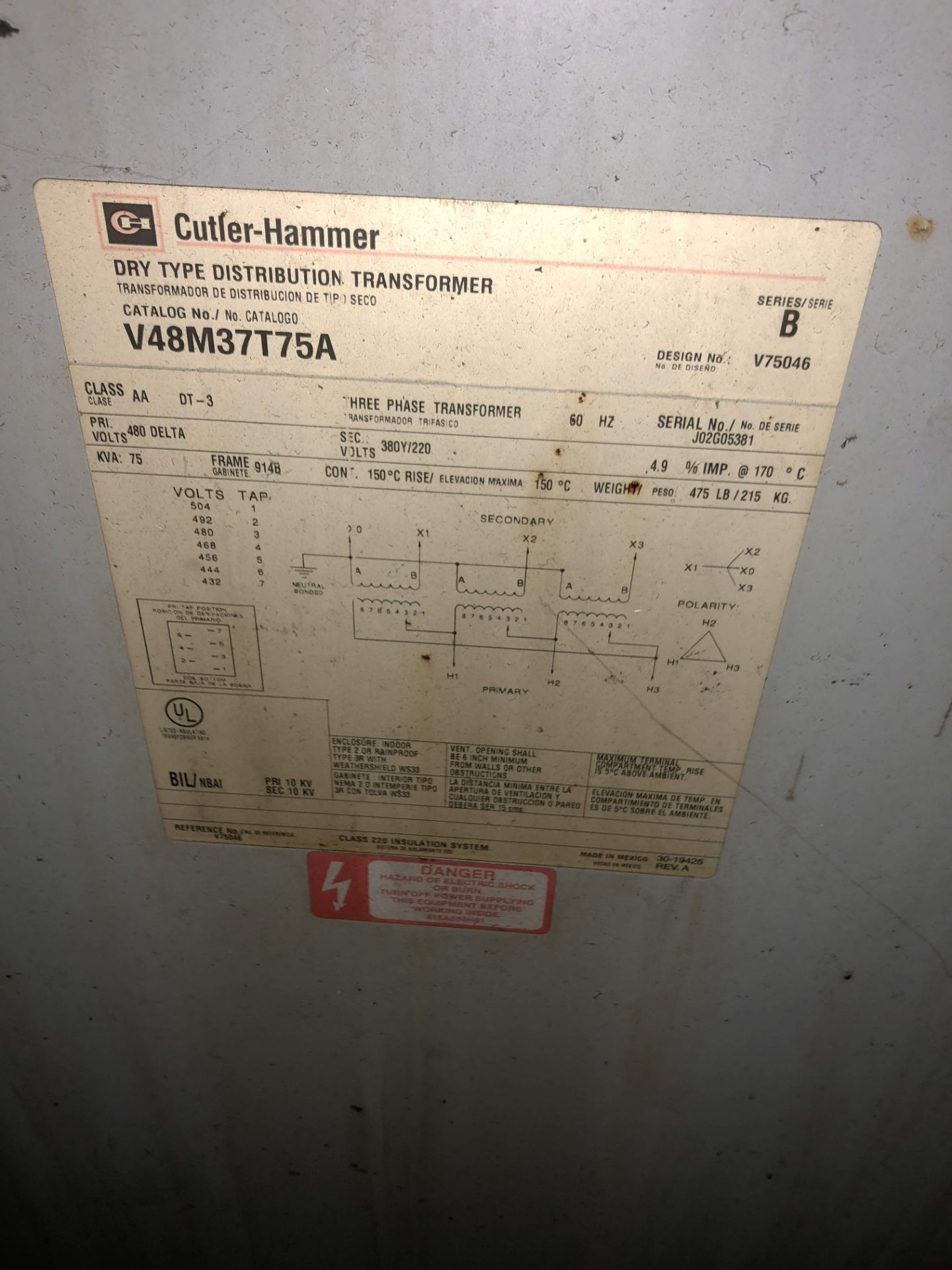 (1) CUTLER HAMMER TRANSFORMER 75 KVA - Image 2 of 2
