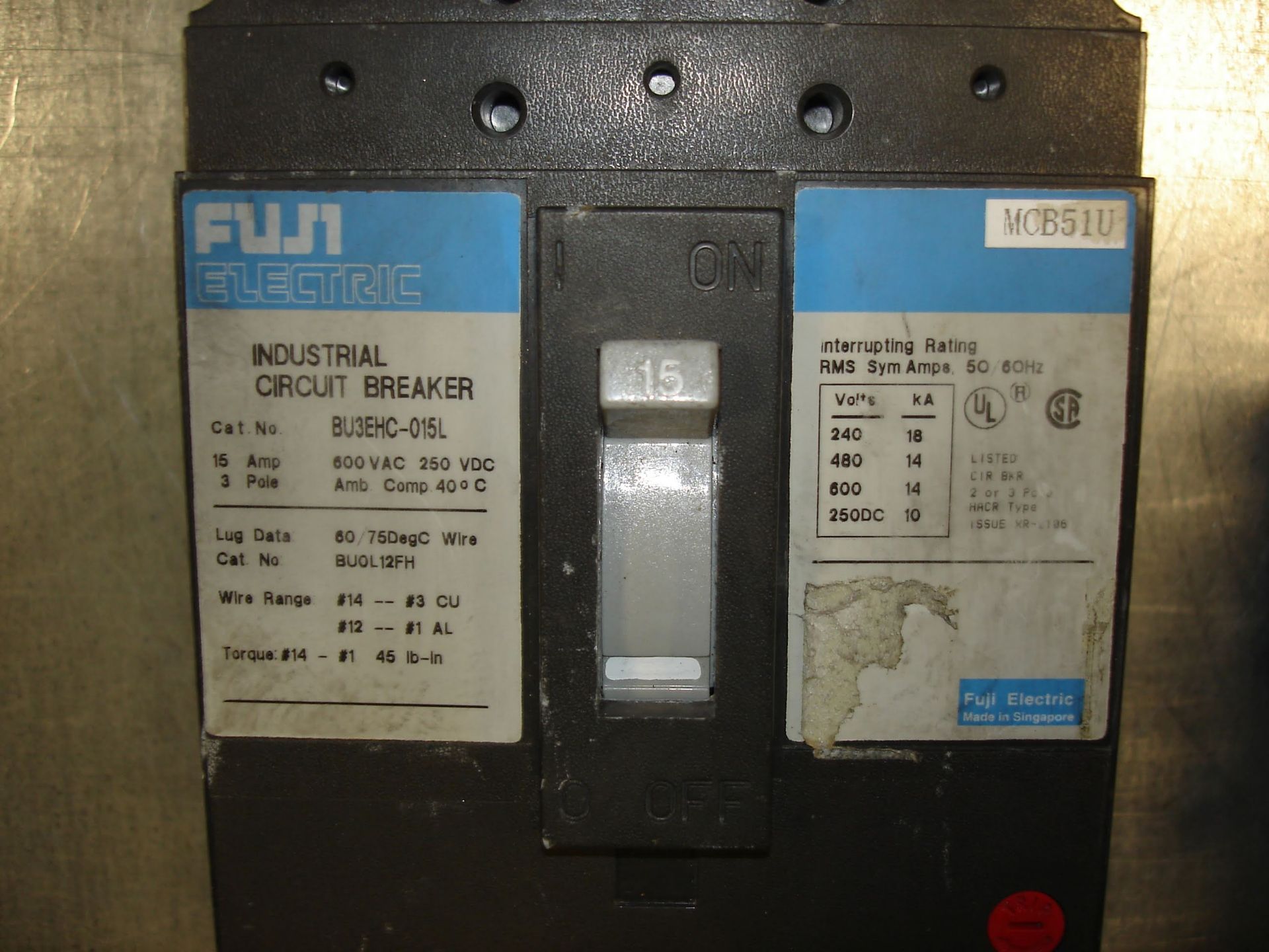(2) BU3EHC-015L FUJI ELECTRIC INDUSTRIAL CIRCUIT BREAKER USED Pickup your lot(s) for free! - Image 5 of 5