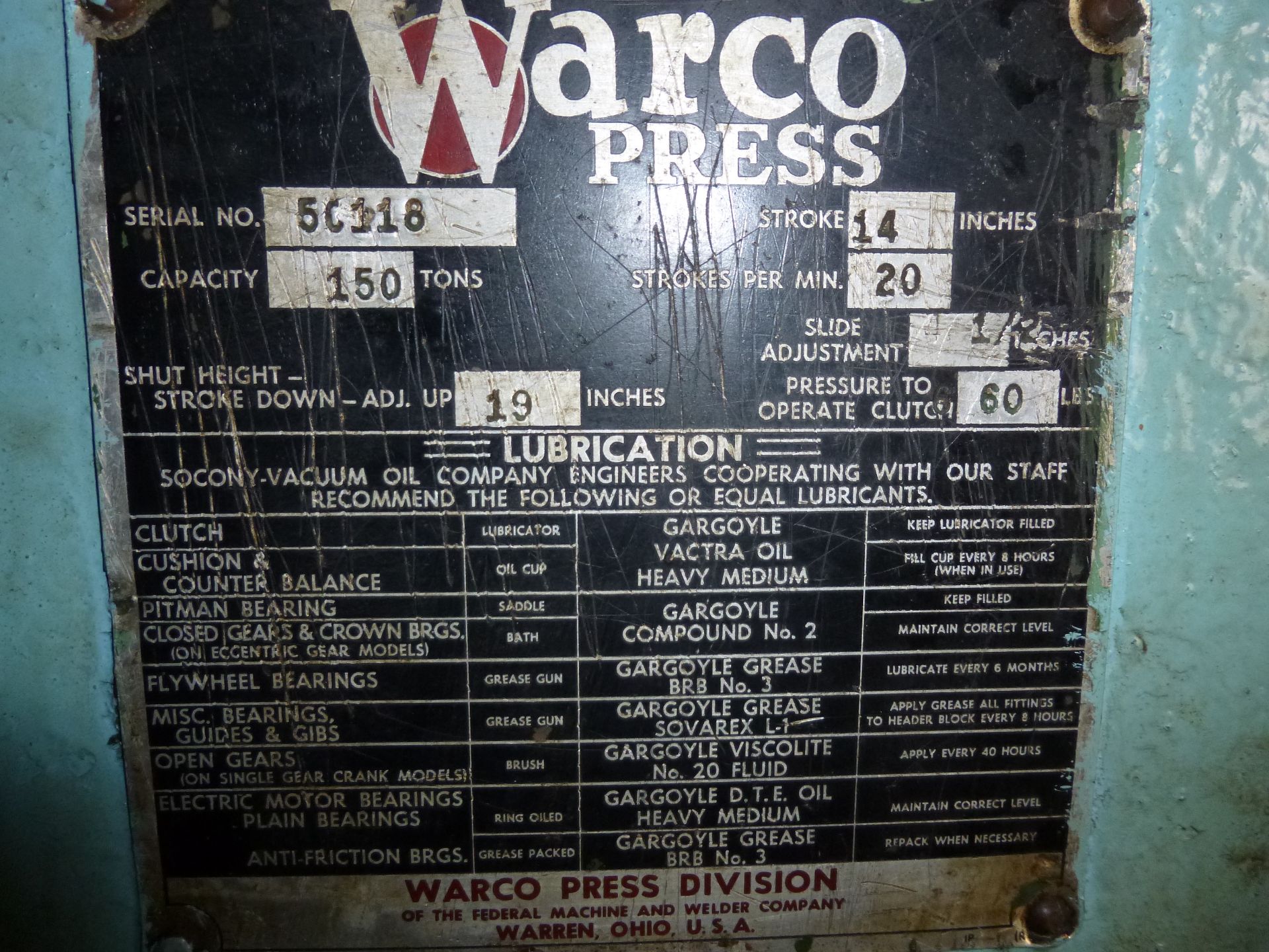 150 Ton Warco (division of Federal Machine) OBI press, 14" stroke, 20 stroke per minute, shut - Image 7 of 16