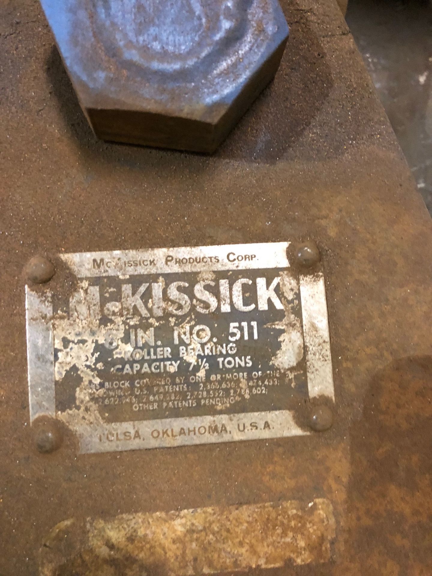 (1) MCKISSICK 8" NO. 511 ROLLER BEARING W/ HOOK ATTACHMENT; 7 1/2 TON CAP; (1) MCKISSICK ROLLER - Image 2 of 3
