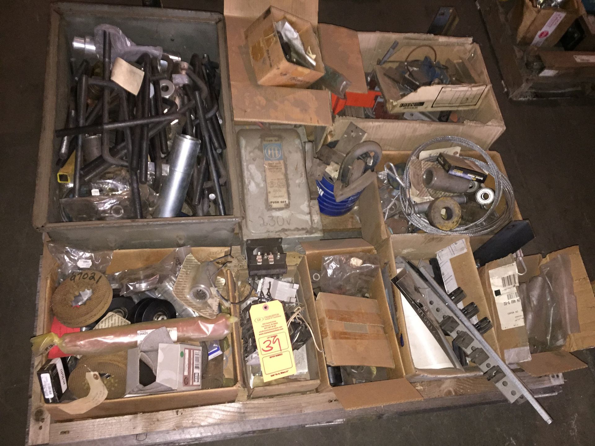 PALLET OF MISC INCLUDING: ITE SAFETY SWITCH & CRANE PARTS