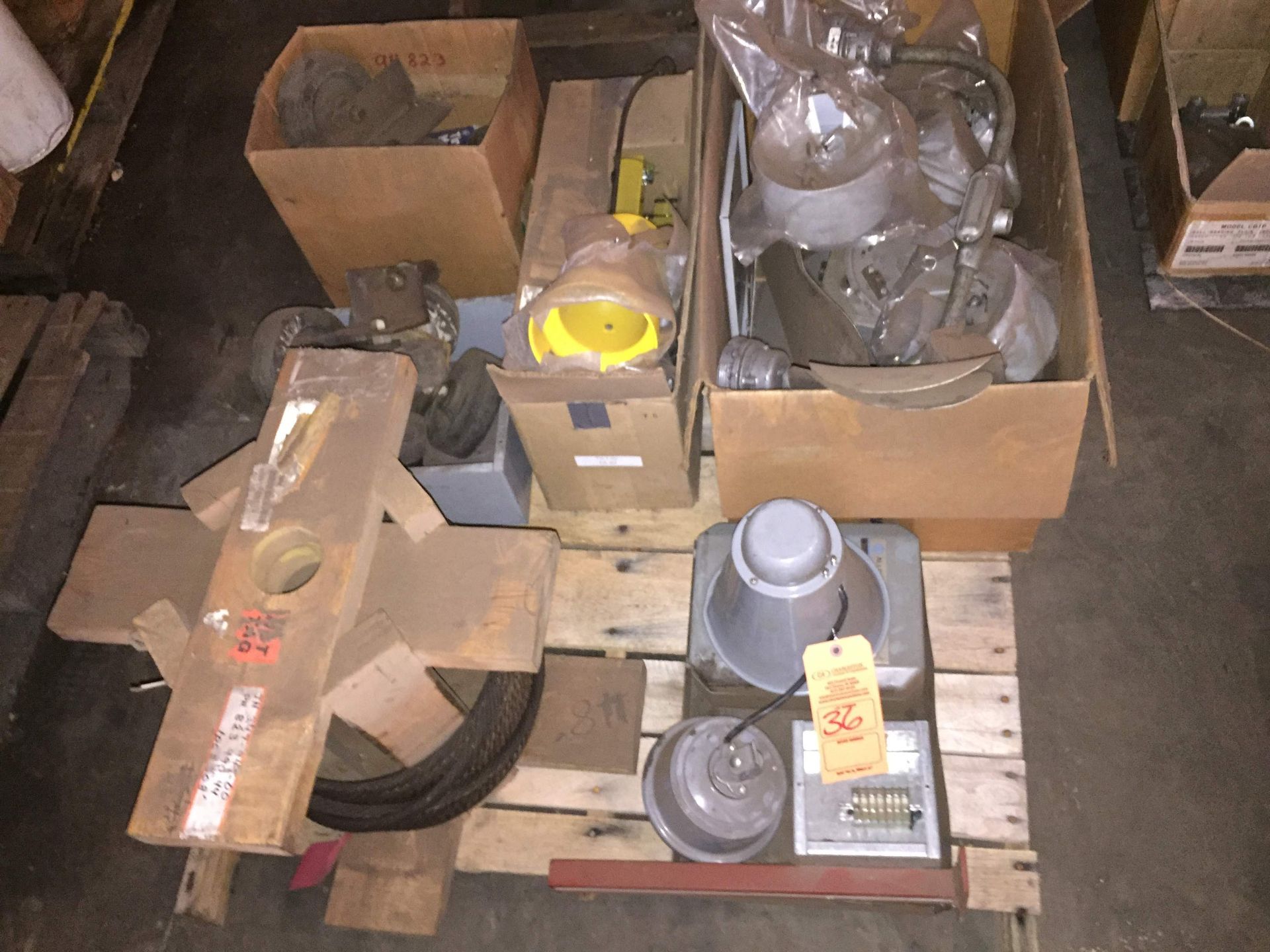 PALLET OF MISC INCLUDING: CRANE TROLLY WHEELS; CABLE; DOCK LIGHTS; ELECTRIC FIXTURES & MORE