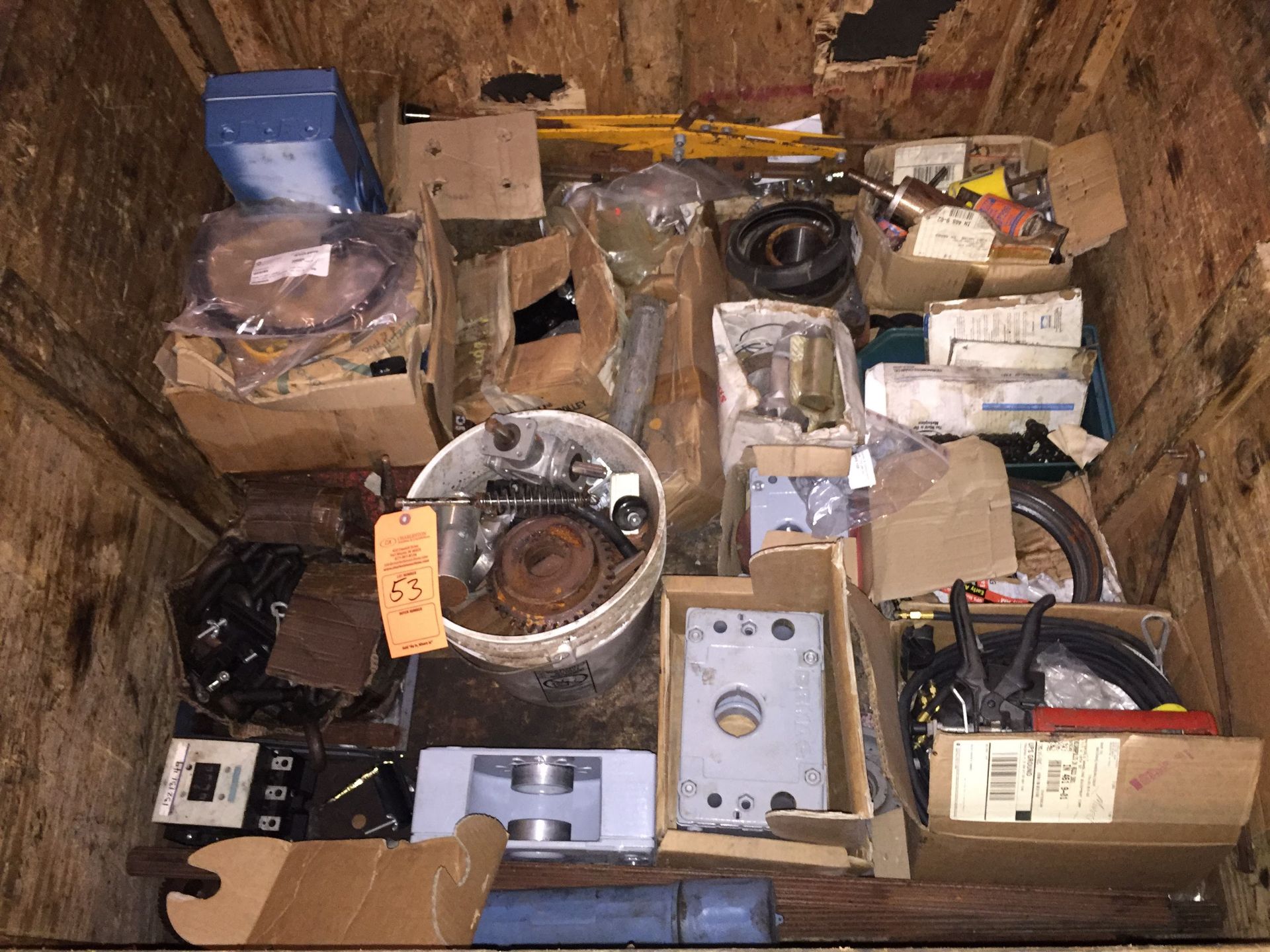 PALLET OF MISC INCLUDING: DEMAG WHEEL BLOCK; FUSES; MAGNETEK BAR SHOE ASSEMBLY & MORE