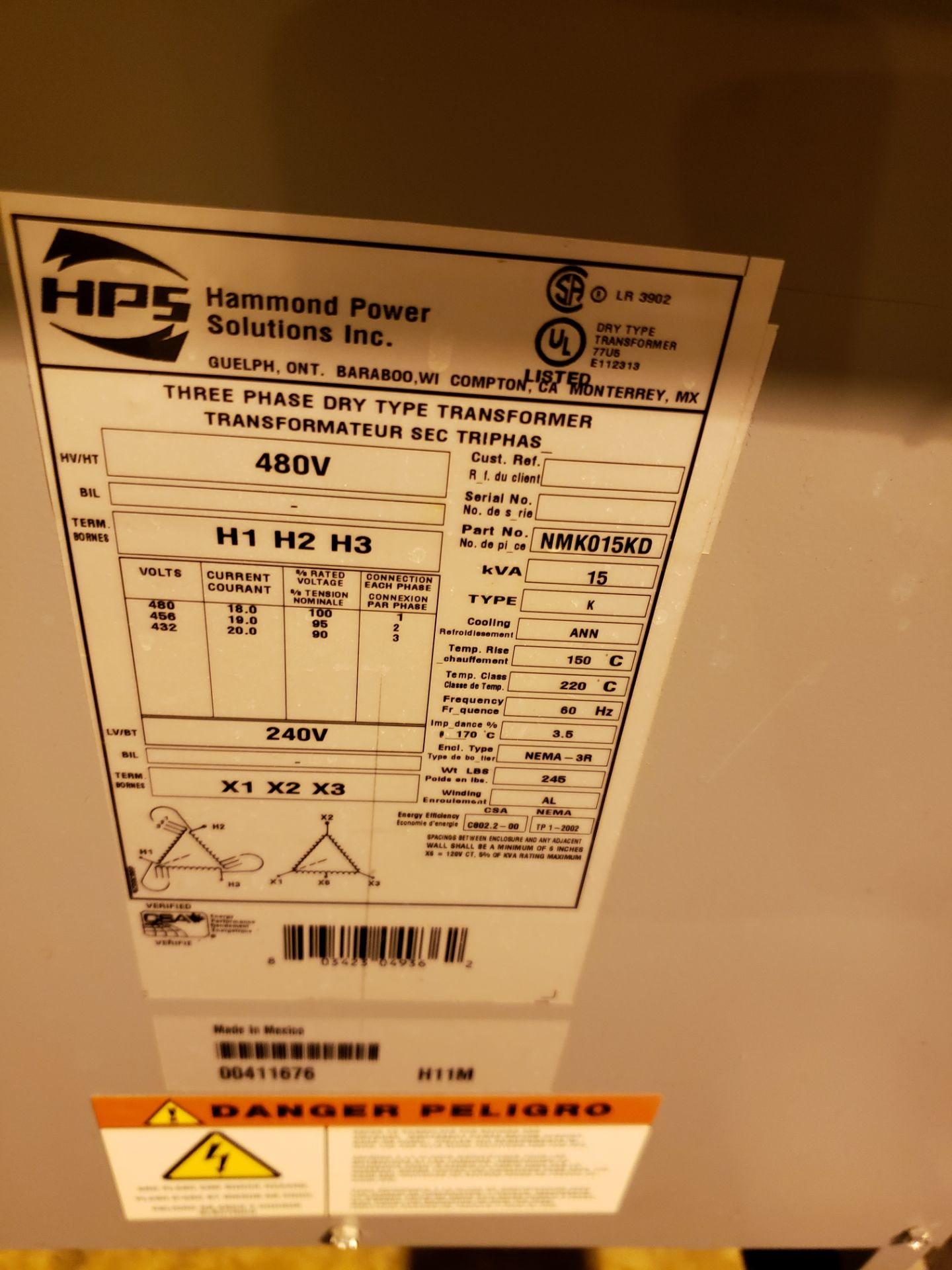 HAMMOND 3 PHASE DRY TYPE TRANSFORMER; M# NMK015KB; 15 KVA; PART TYPE: K - Image 2 of 2