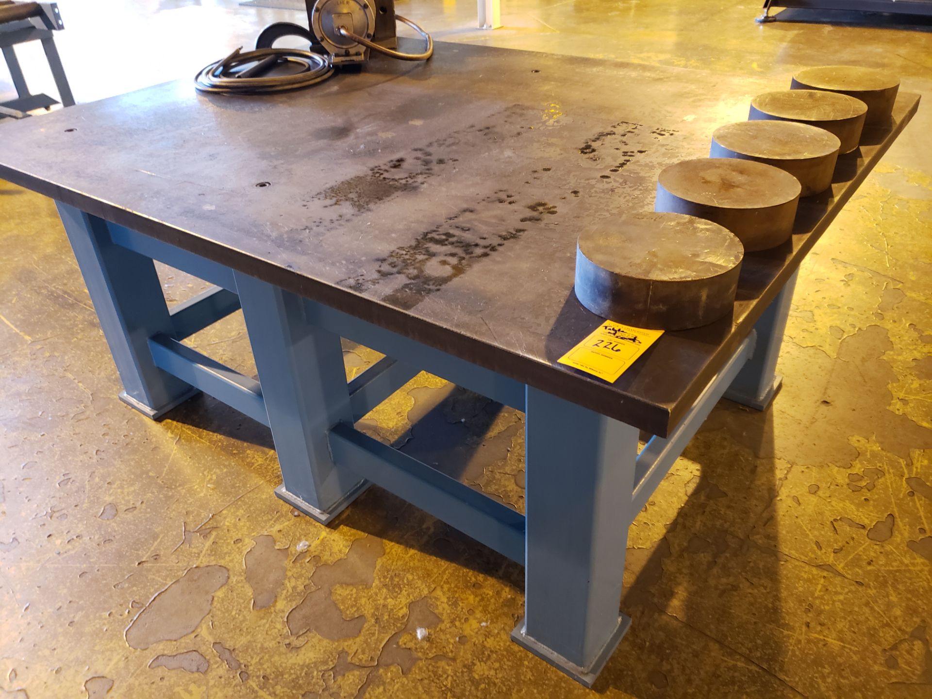 8'W X 6'D X 3'H STEEL WELDING TABLE (1" STEEL TABLE TOP) W/ (5) ROUND STEEL PLATES