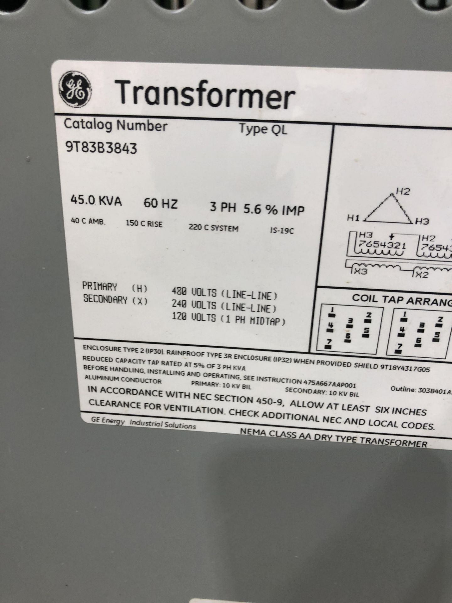 GE TRANSFORMER CAT#9T83B3843 45KVA/60HZ/3PH - Image 2 of 2