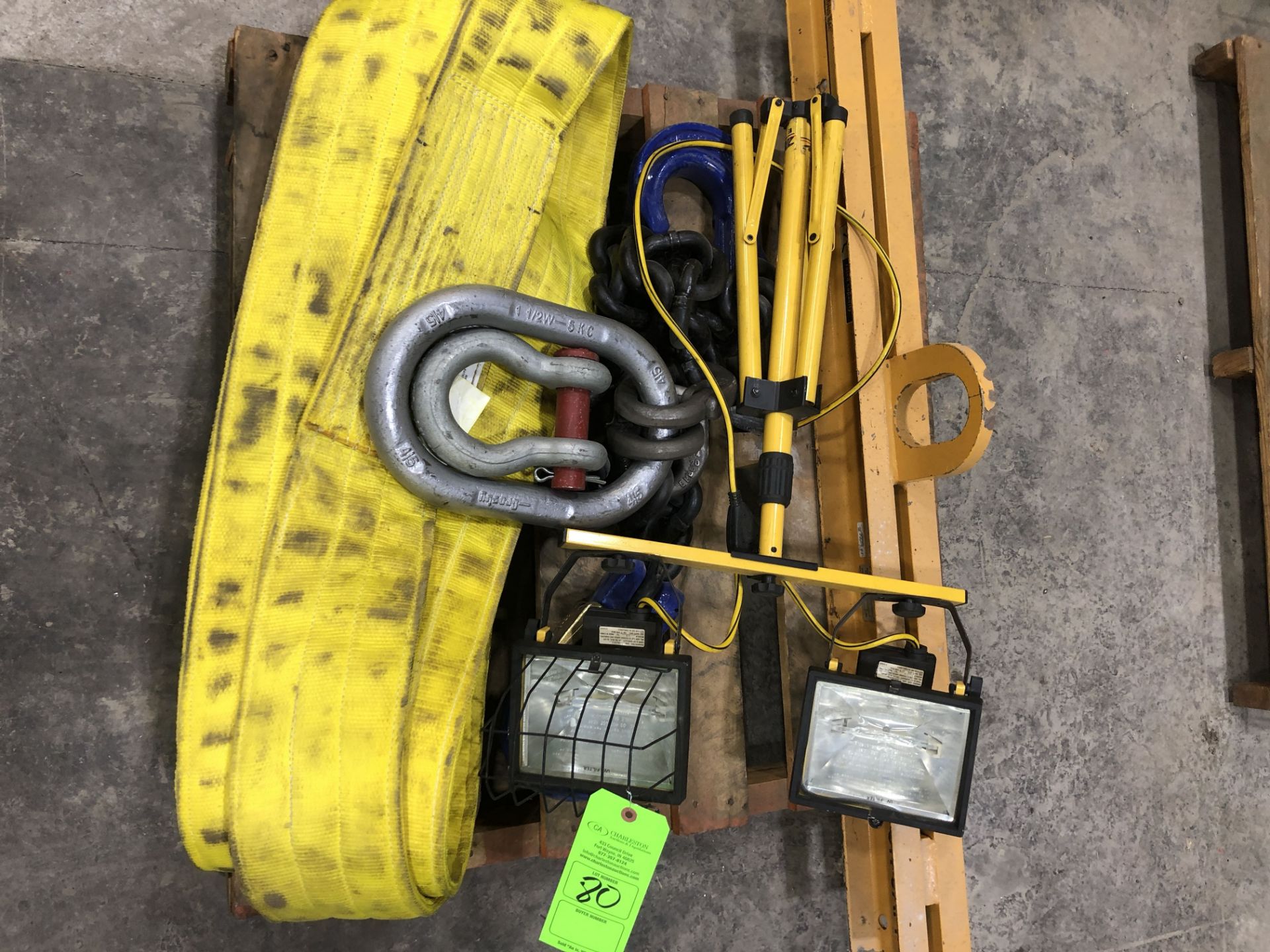 PALLET OF MISC INCLUDING LIGHTS & RIGGING EQUIPMENT