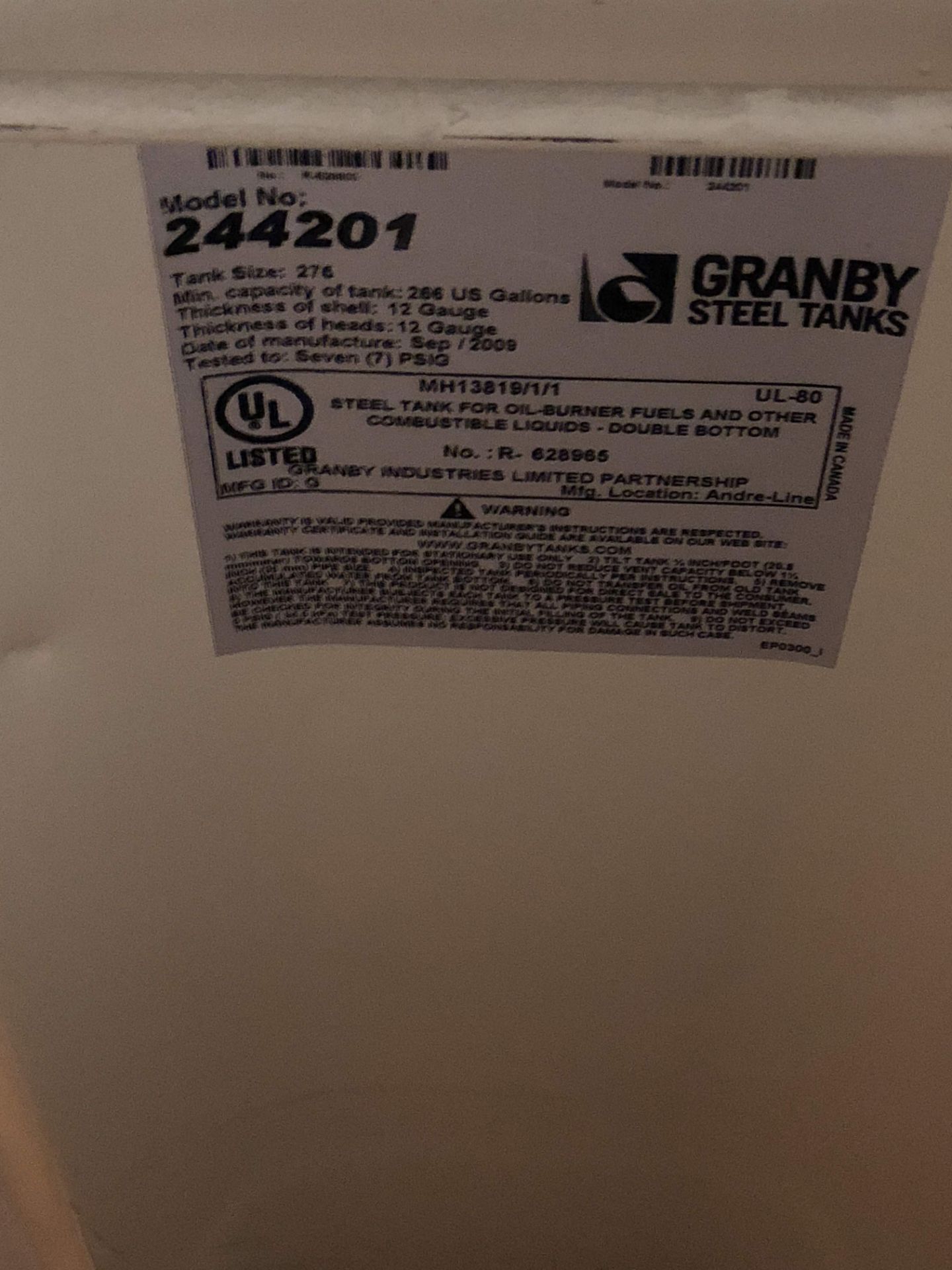 GRANBY STEEL TANK MODEL-244201 275 GALLON - Image 2 of 3