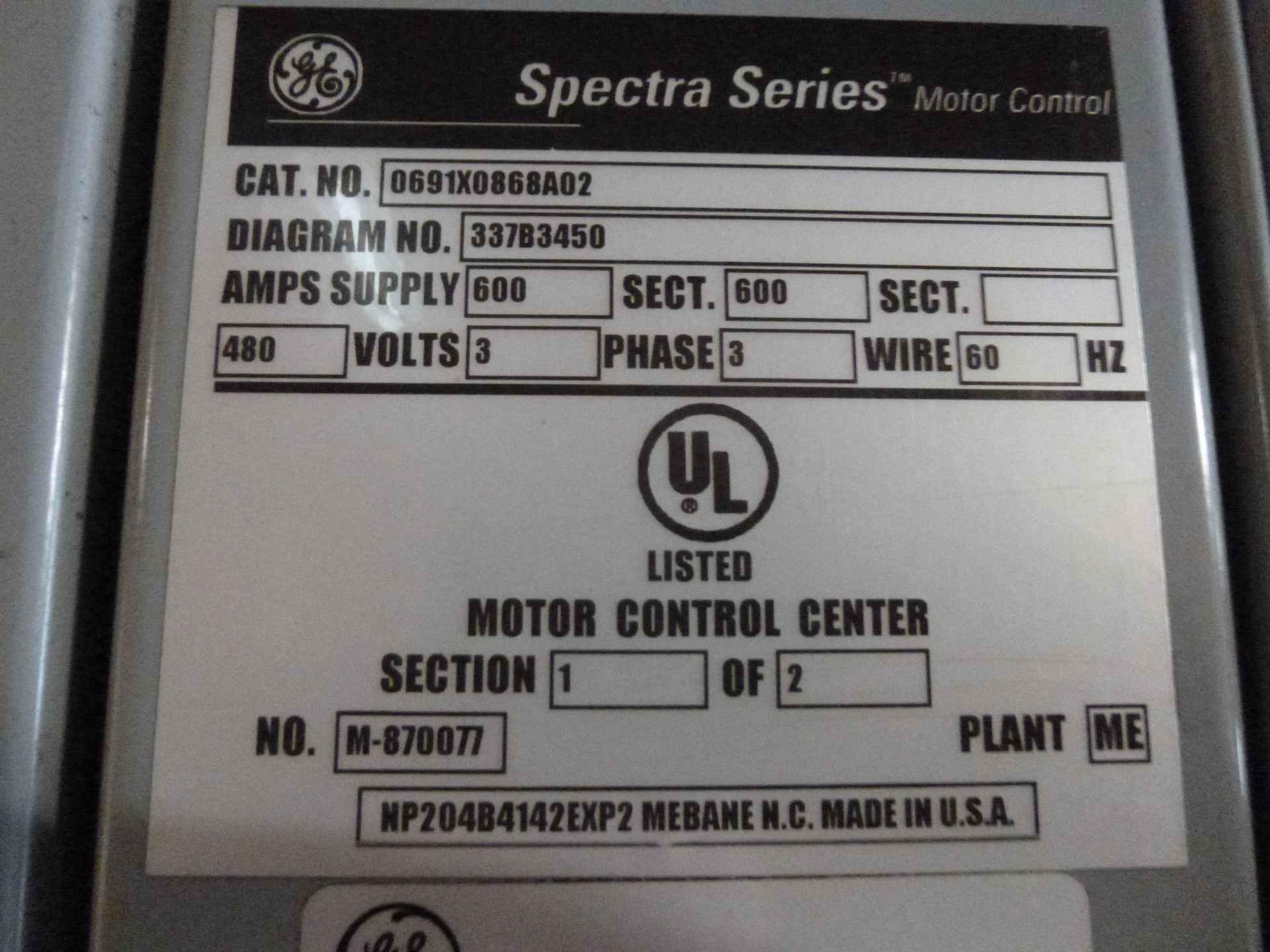 GE Spectra Series Motor control center MCC, catalog number 0691X0868A02, 600amp supply, 600amp - Image 3 of 13