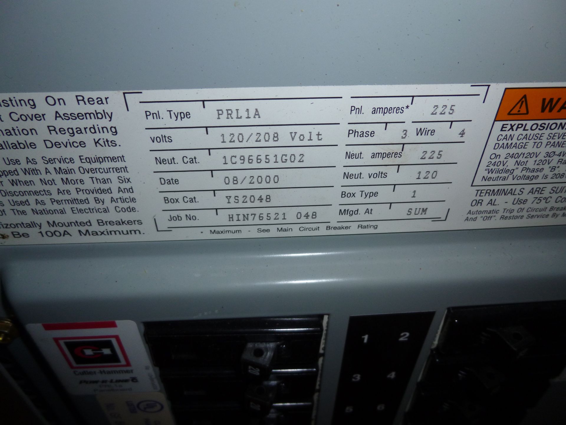 Cutler Hammer model PRL1A, 225amp box, 120/208 volt, 3 phase, 4 wire, includes all breakers as - Image 2 of 3