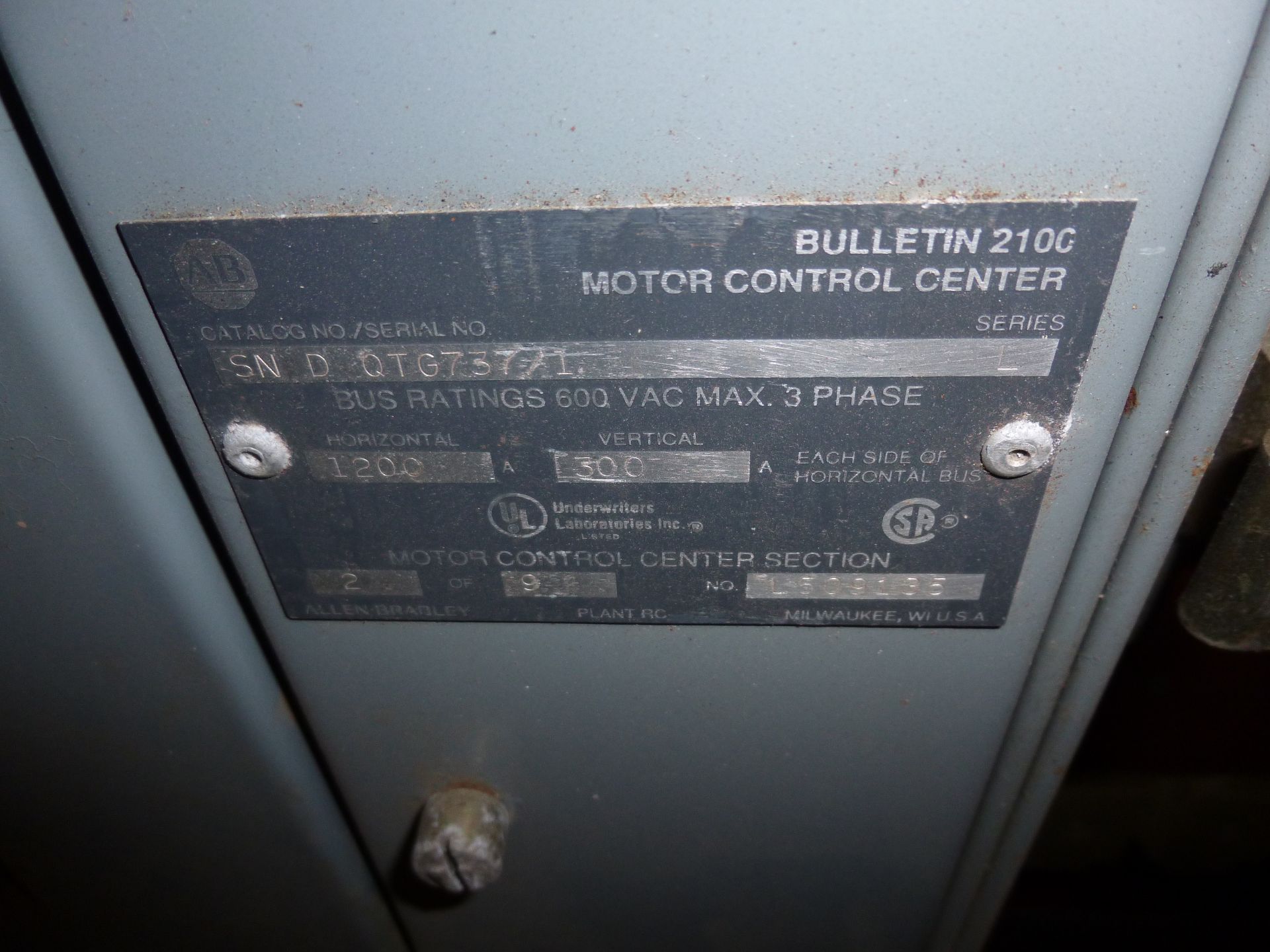 Allen Bradley 2100 series Motor control center, catalog number SN-D-QTG737/1, 600vac max, horizontal - Image 2 of 9