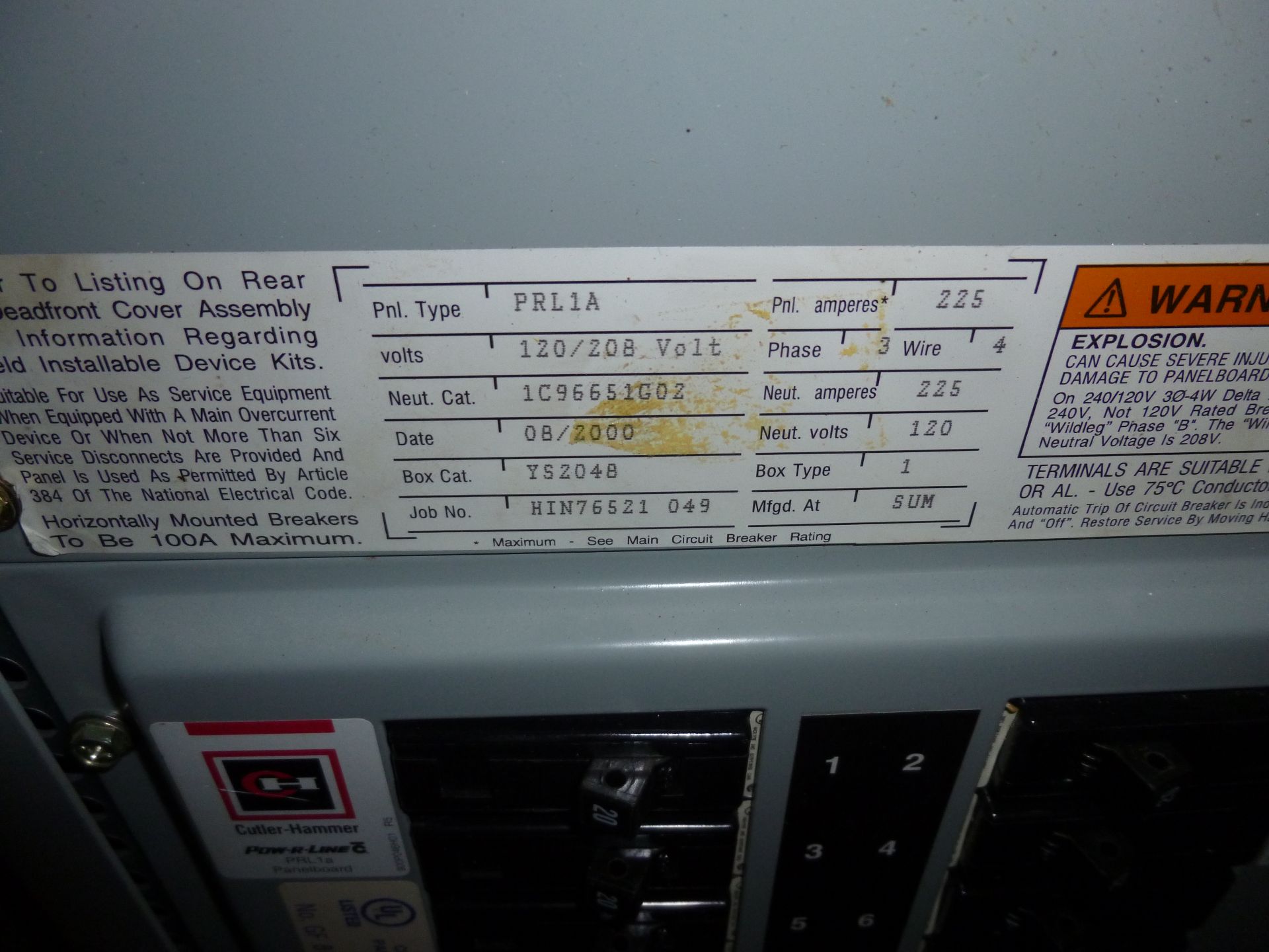 Cutler Hammer model PRL1A, 225amp box, 120/208 volt, 3 phase, 4 wire, includes all breakers as - Image 2 of 3