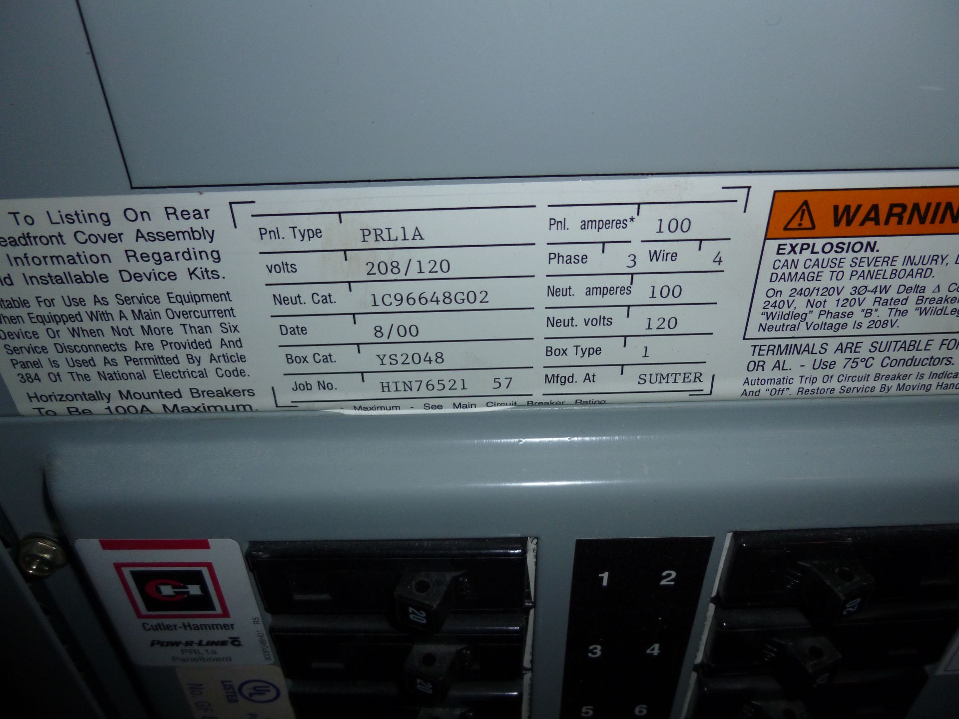 Cutler Hammer model PRL1A, 100amp box, 208v/120, 3phase, 4 wire, includes all breakers as pictured - Image 2 of 3