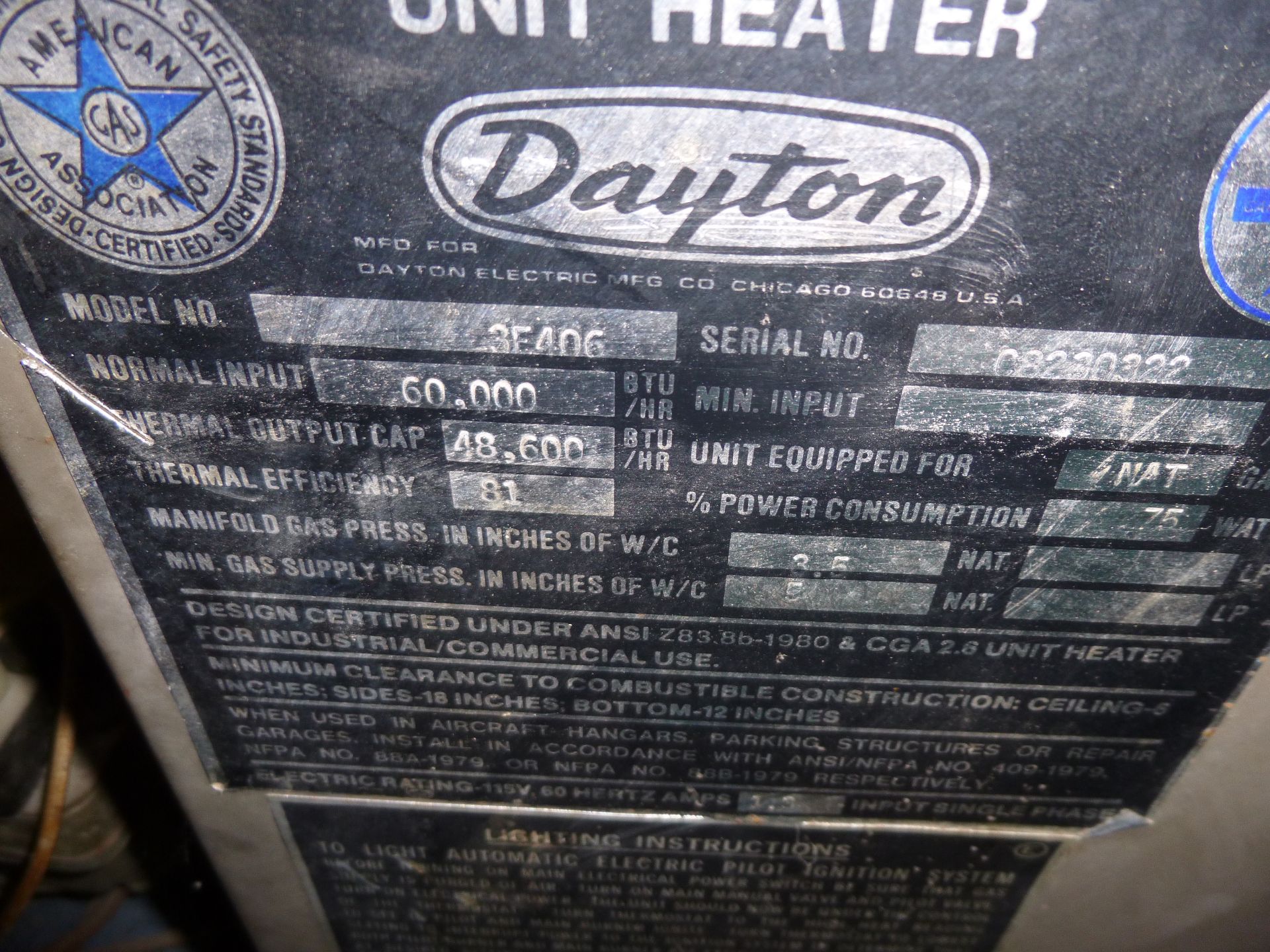 Dayton model 3E406ceiling forced air gas furnace, 60,000btu - Image 3 of 3