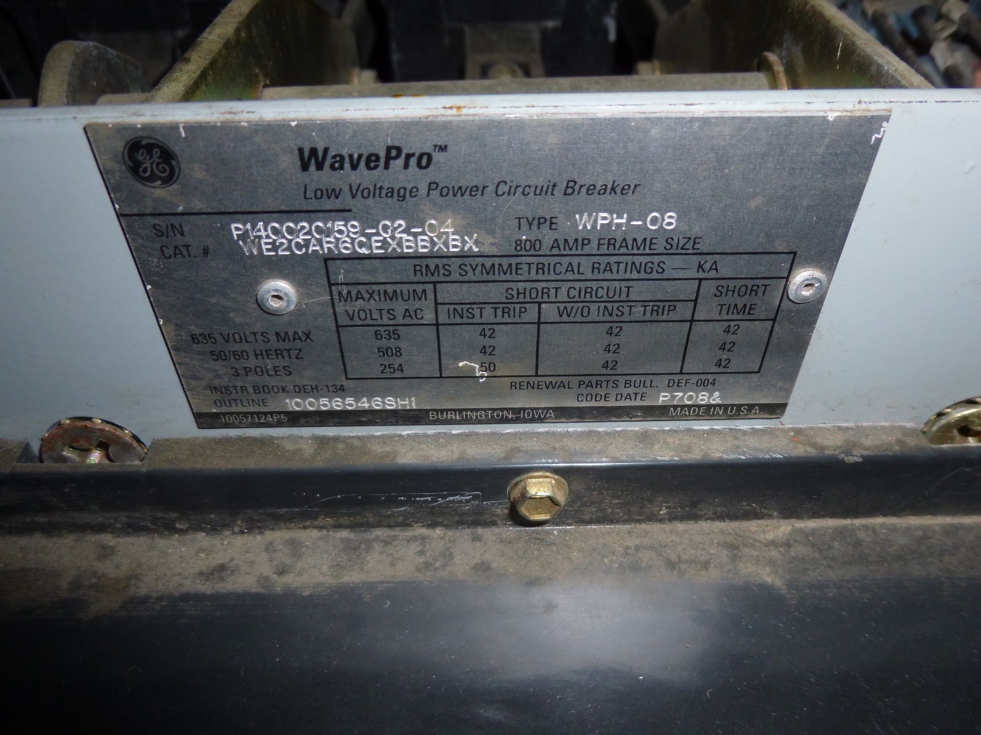 GE Wavepro low voltage Power circuit breaker Type WPH-08, Cat# WE2CAR6QEXBBXBX, 800amp frame size, - Image 3 of 3
