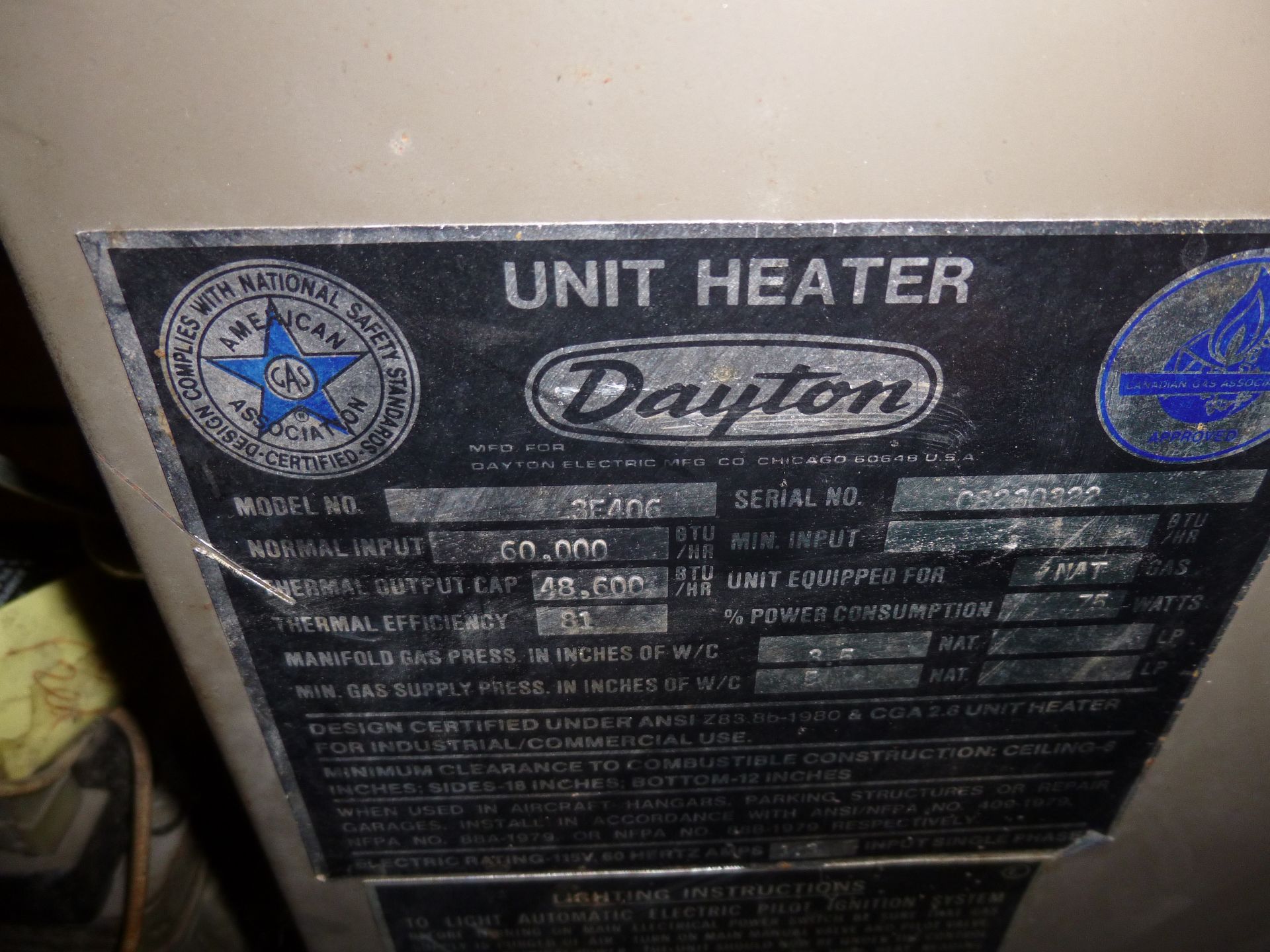 Dayton model 3E406ceiling forced air gas furnace, 60,000btu - Image 2 of 3