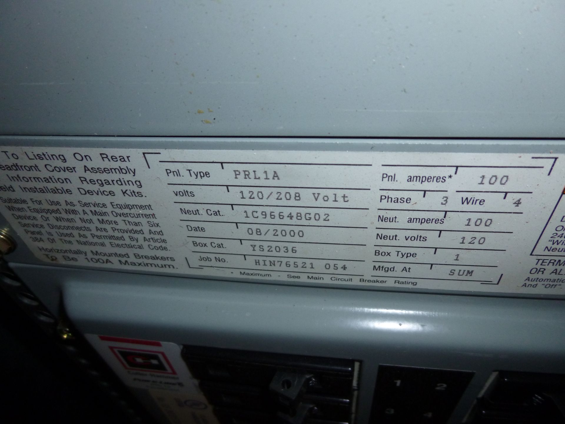 Cutler Hammer model PRL1A, 100amp box, 120/208 volt, 3 phase, 4 wire, includes all breakers as - Image 2 of 3