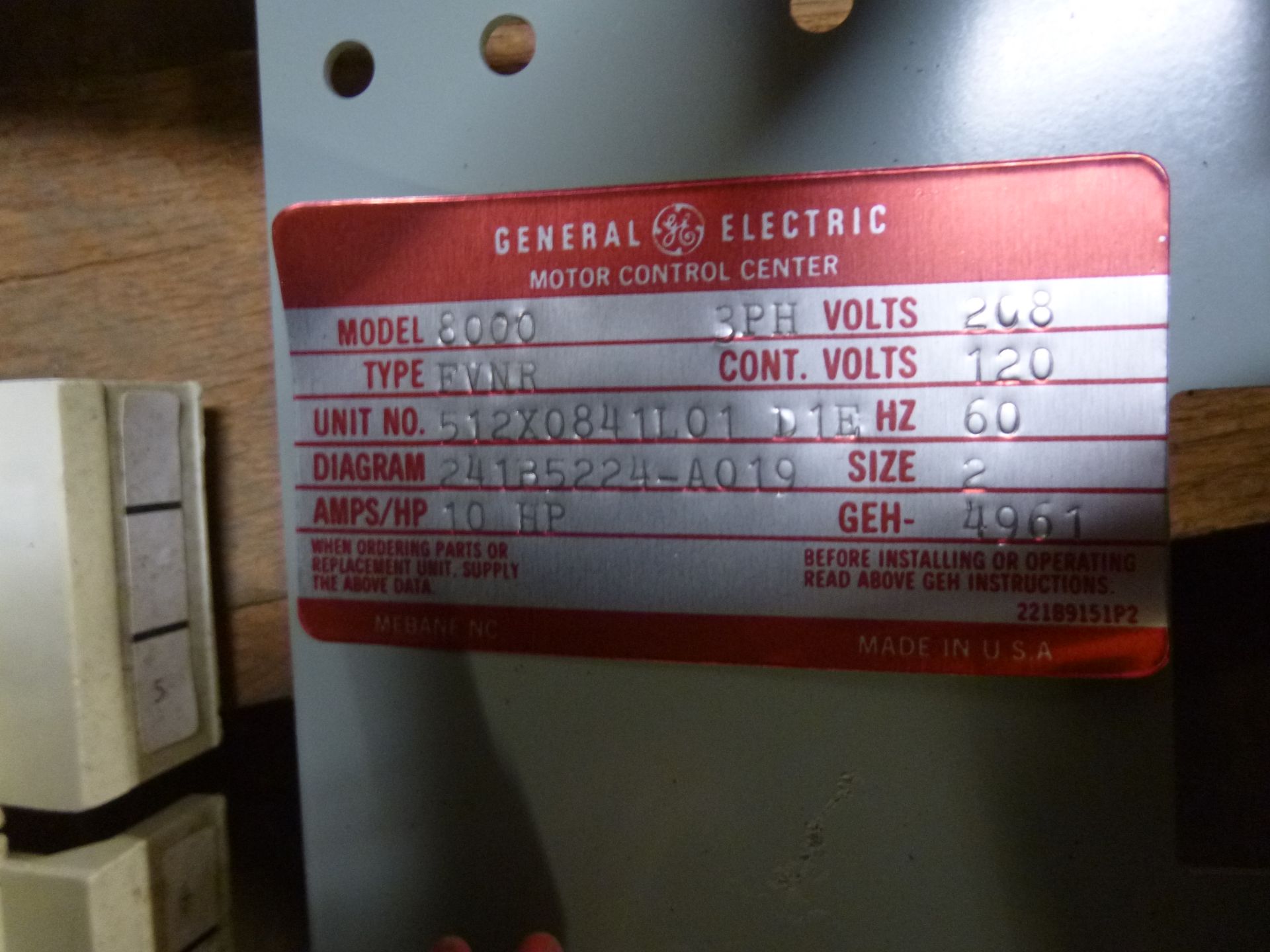 GE motor control center MCC bucket model 8000, type FVNR, 3 phase, 208v, 10 hp, size 2 bucket, - Image 2 of 3