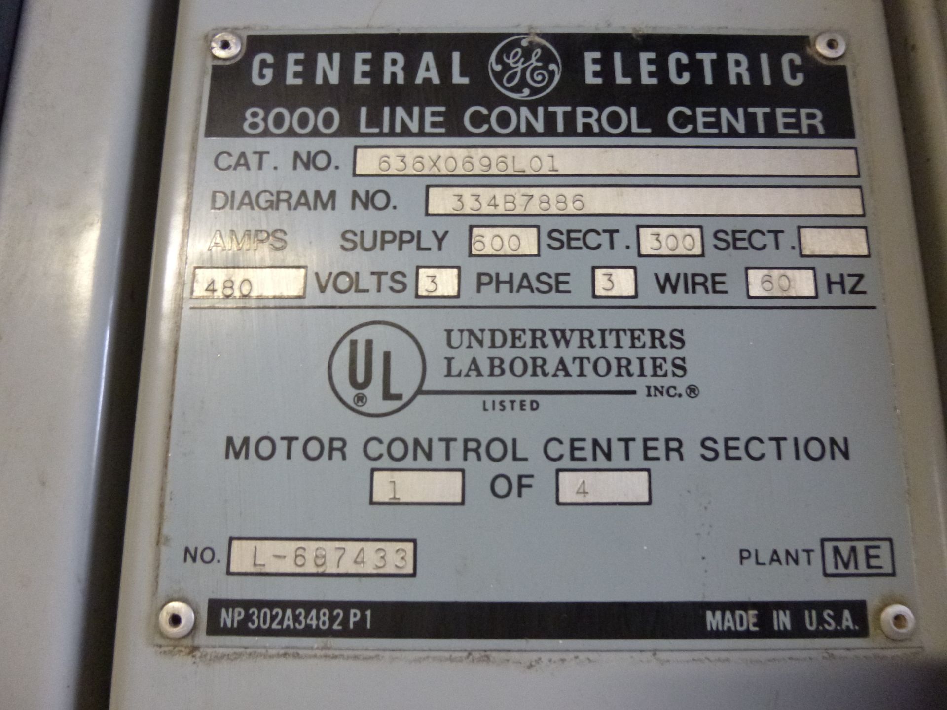 GE 8000 Line Motor control center MCC, catalog number 636X0696L01, 600amp supply, 300amp section, - Image 3 of 16