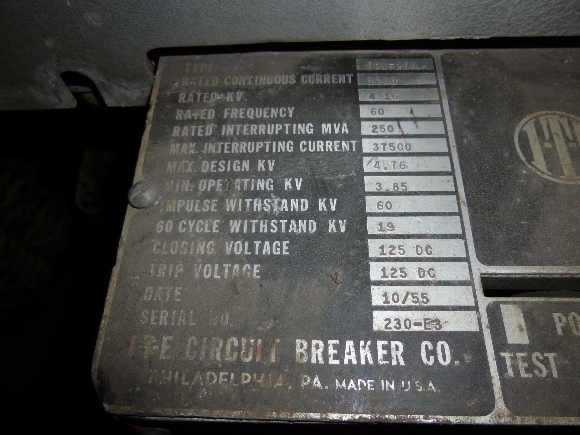 ITE circuit breaker type 5HV-250, 1200amp, rated 4.16kva - Image 2 of 3