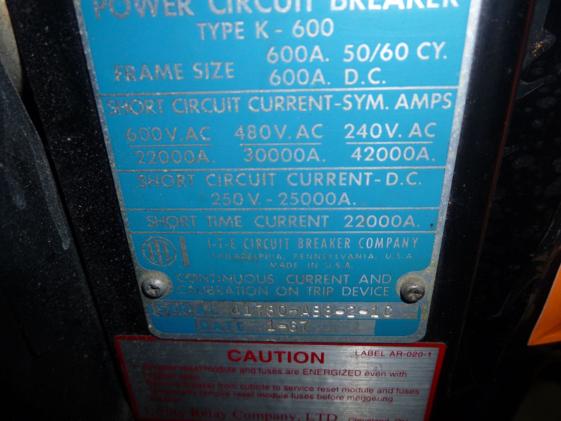 ITE model type K-600 power circuit breaker frame size 600amp, 600v max - Image 4 of 4