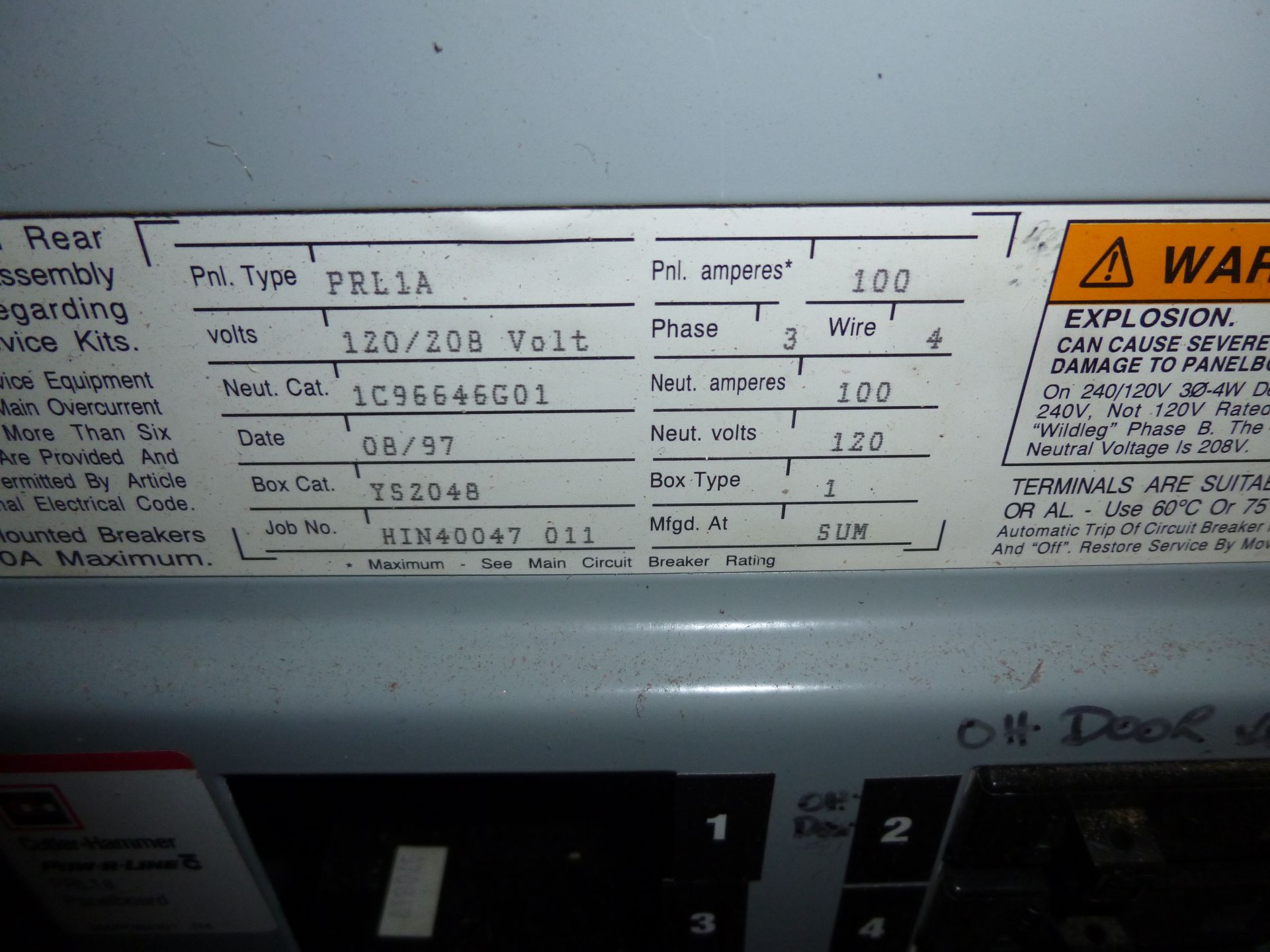 Cutler Hammer model PRL1A, 100amp box, 208v/120, 3phase, 4 wire, includes all breakers as pictured - Image 2 of 3