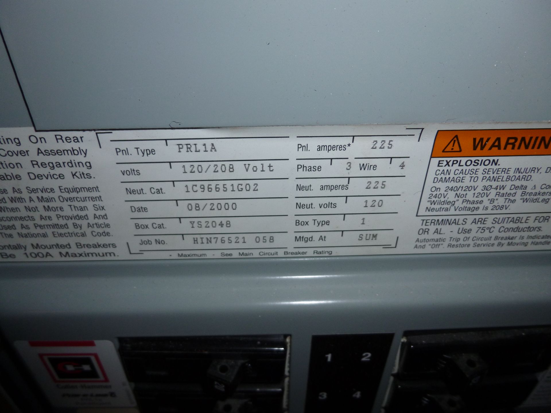 Cutler Hammer model PRL1A, 225amp box, 120/208 volt, 3 phase, 4 wire, includes all breakers as - Image 2 of 3