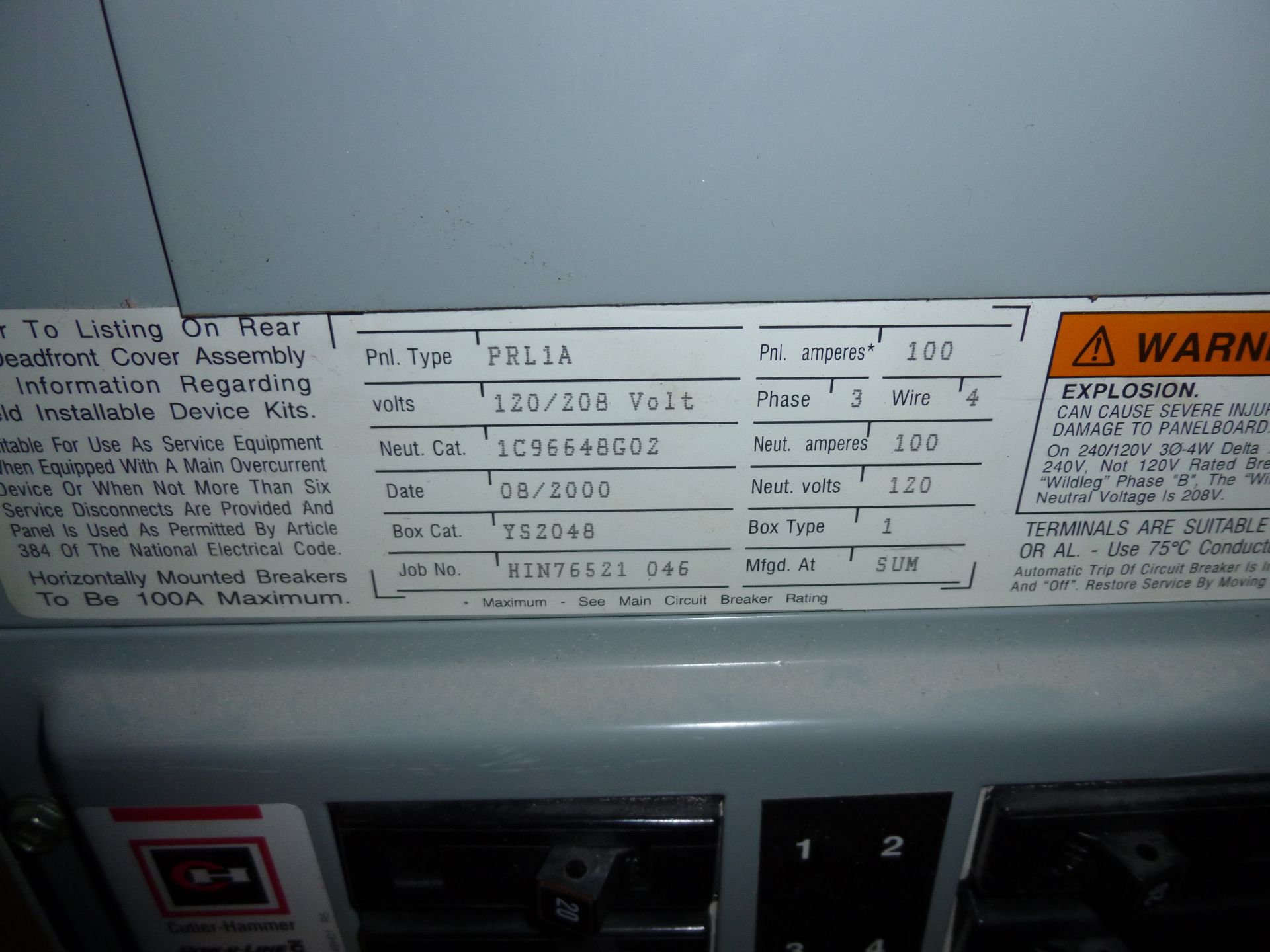 Cutler Hammer model PRL1A, 100amp box, 208v/120, 3phase, 4 wire, includes all breakers as pictured - Image 2 of 3