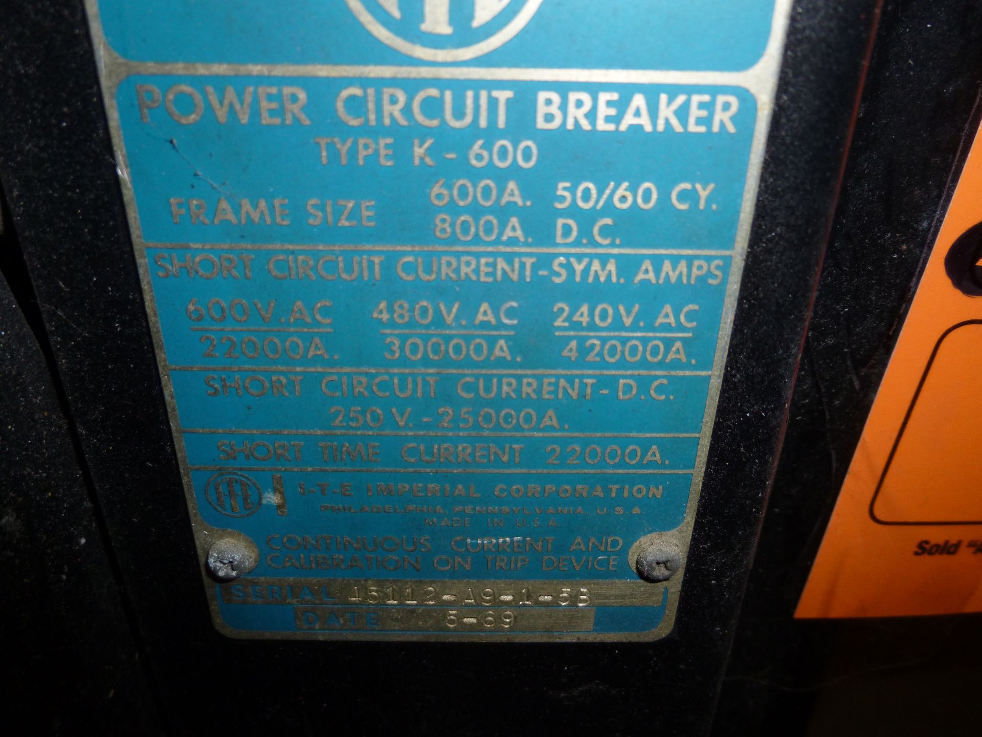 ITE model K-600 fused power circuit breaker frame size 600amp, 600v max - Image 4 of 4