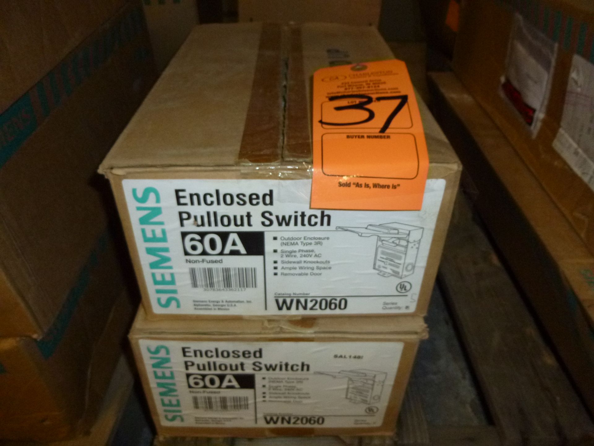 Qty 2 Siemens model WN2060, 60amp enclosed pullout switch, new in box