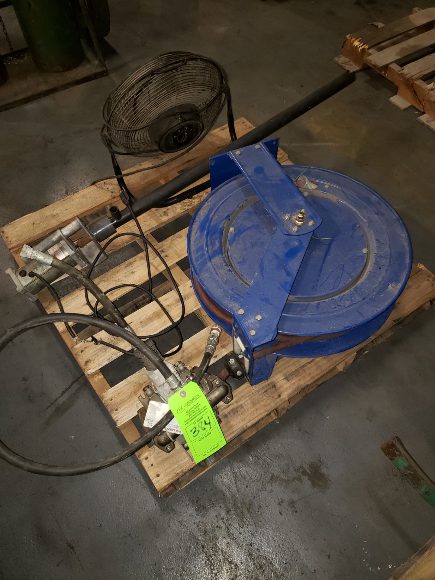 PALLET OF MISC- AIR HOSE REEL; FAN & PUMPS