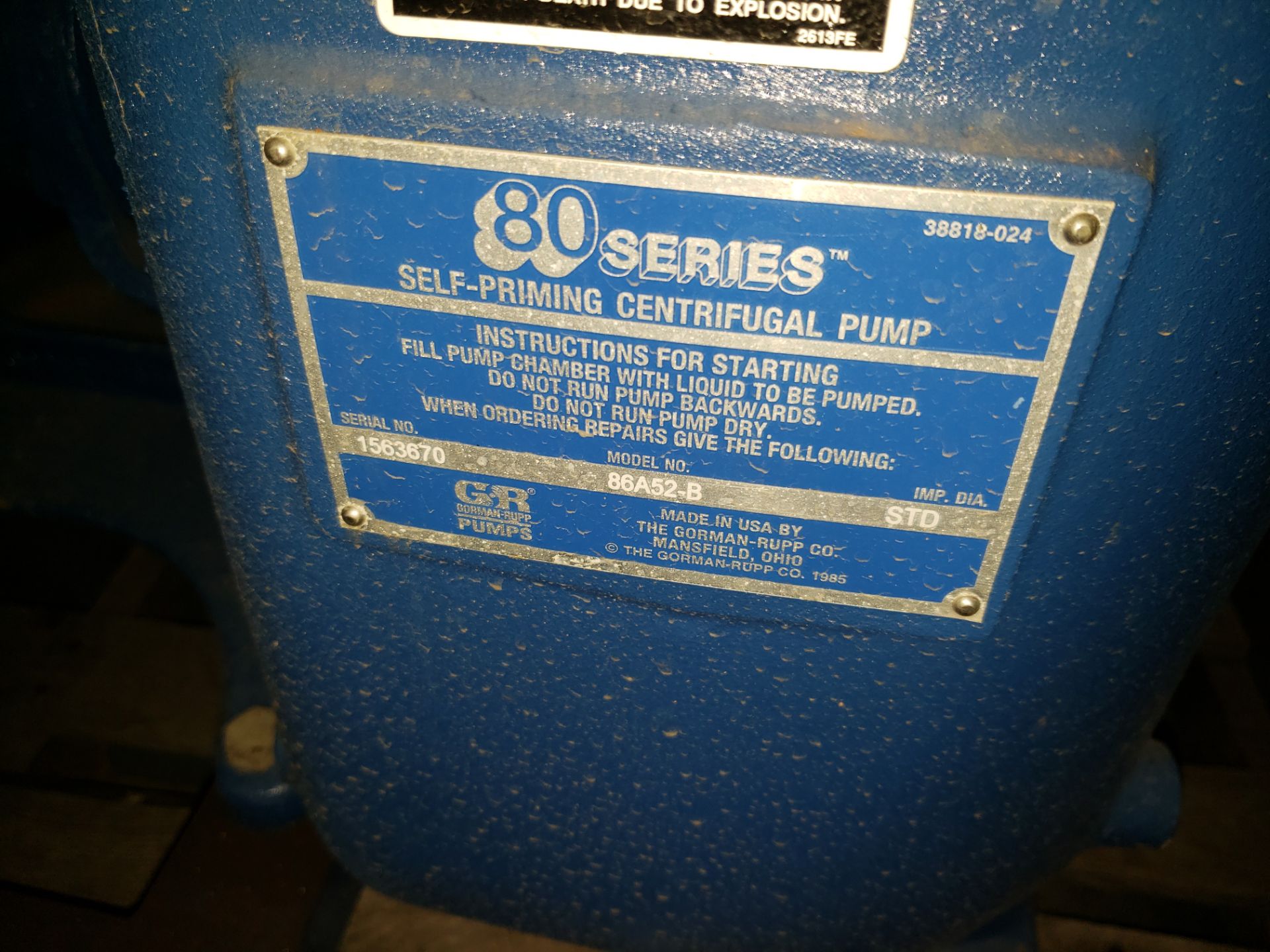 GORMAN-RUPP 80 SERIES SELF PRIMING CENTRUGAL PUMP MODEL-8SA-3B W/ 25 HP BALDOR MOTOR - Image 3 of 3