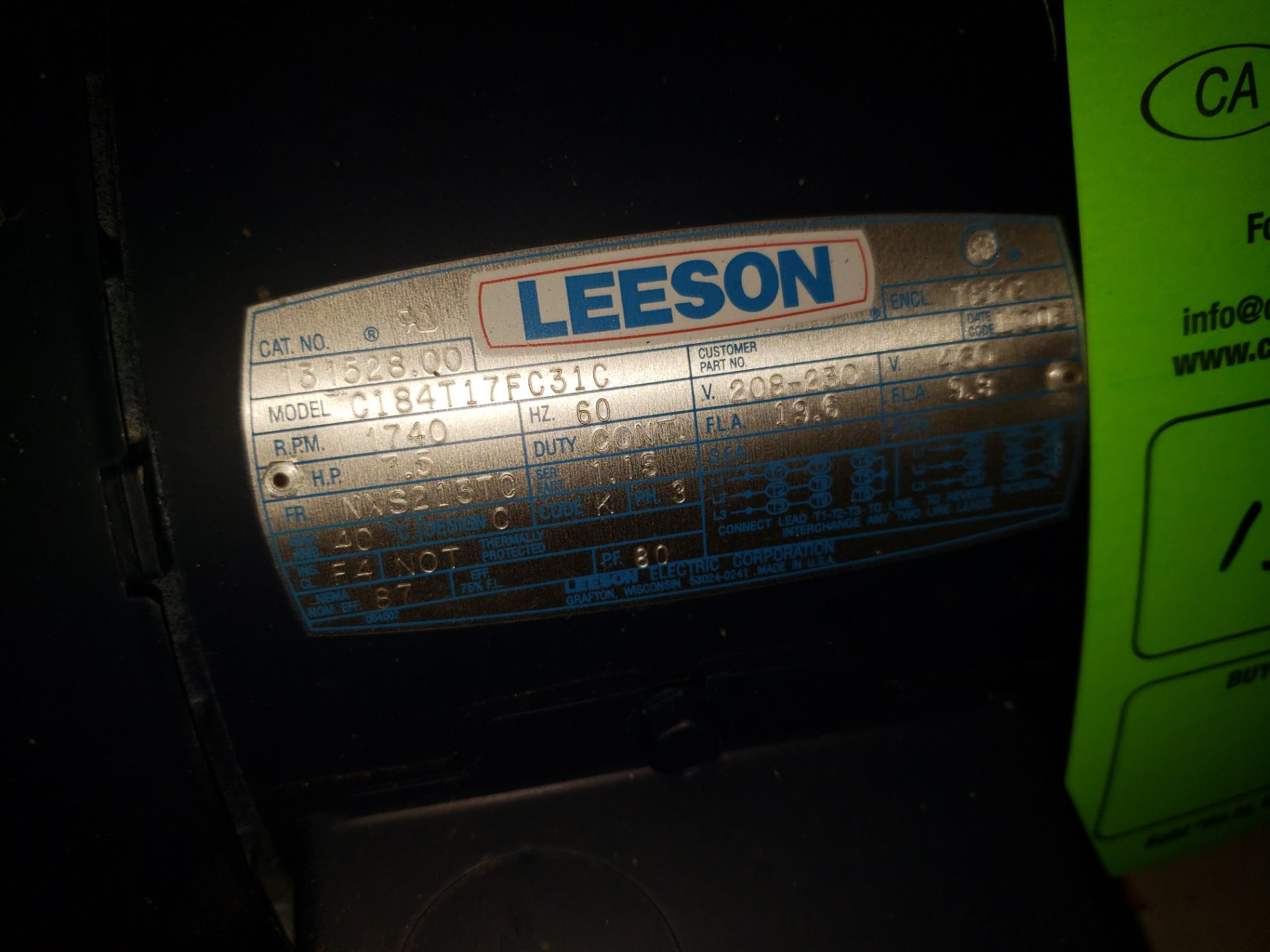 LEESON ELECTRIC MOTOR 7.5 HP 1740 RPM - Image 2 of 2