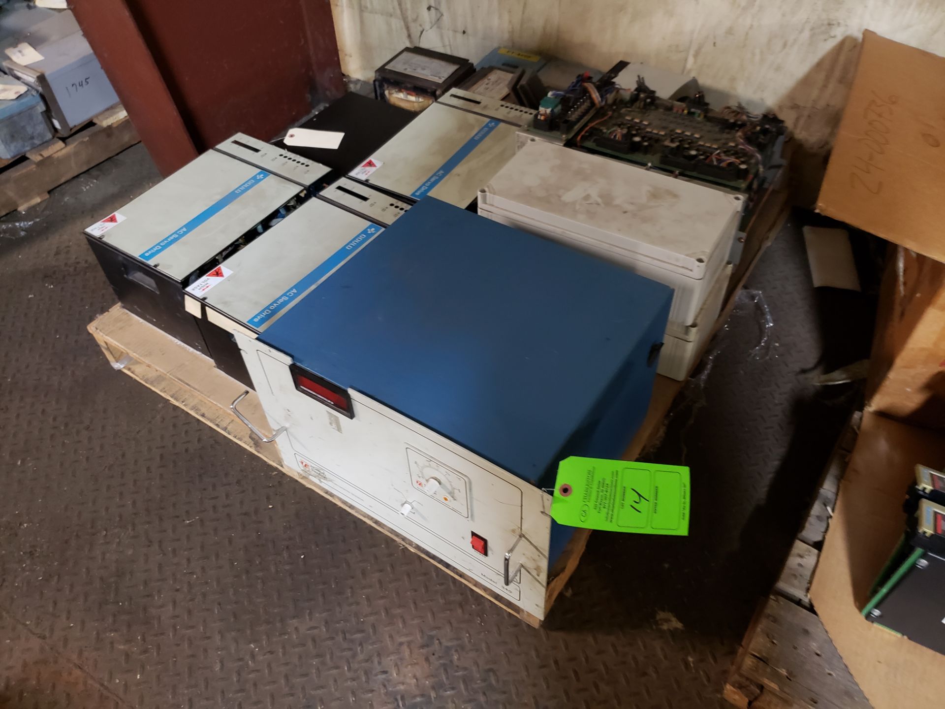 PALLET OF (3) GOULD AC SERVO DRIVES (1) THERMO ELECTRON MODEL-340 & VARIOUS TRANSFORMERS