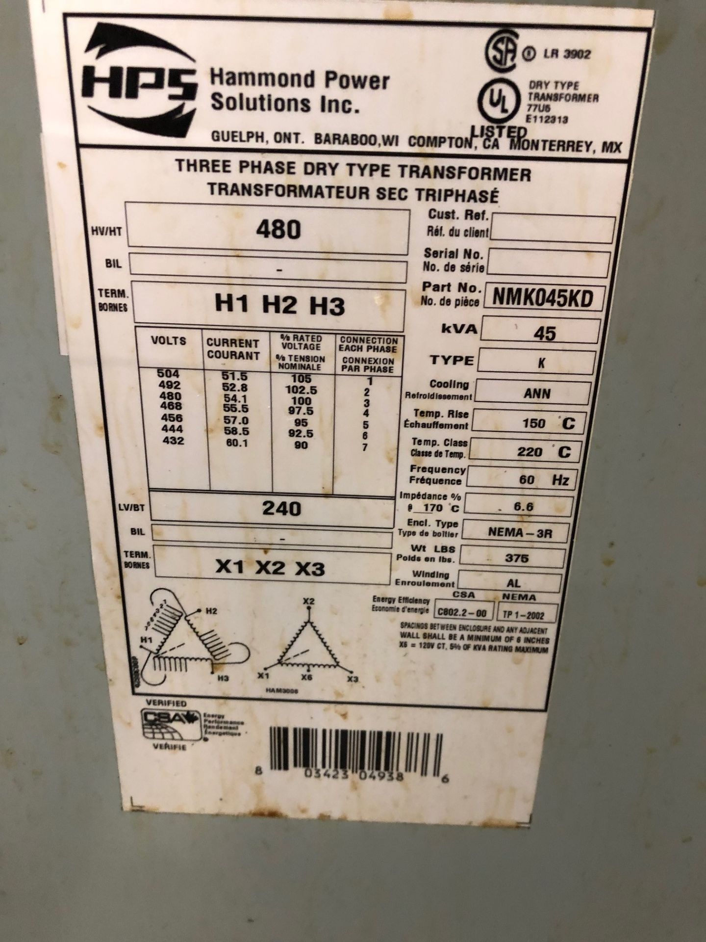 HAMMOND 3PH TRANSFORMER MODEL-NMR04SKD; 45 KVA; TYPE K; 375 LBS W/ STEEL PLATFORM (432 COUNCIL - Image 2 of 2