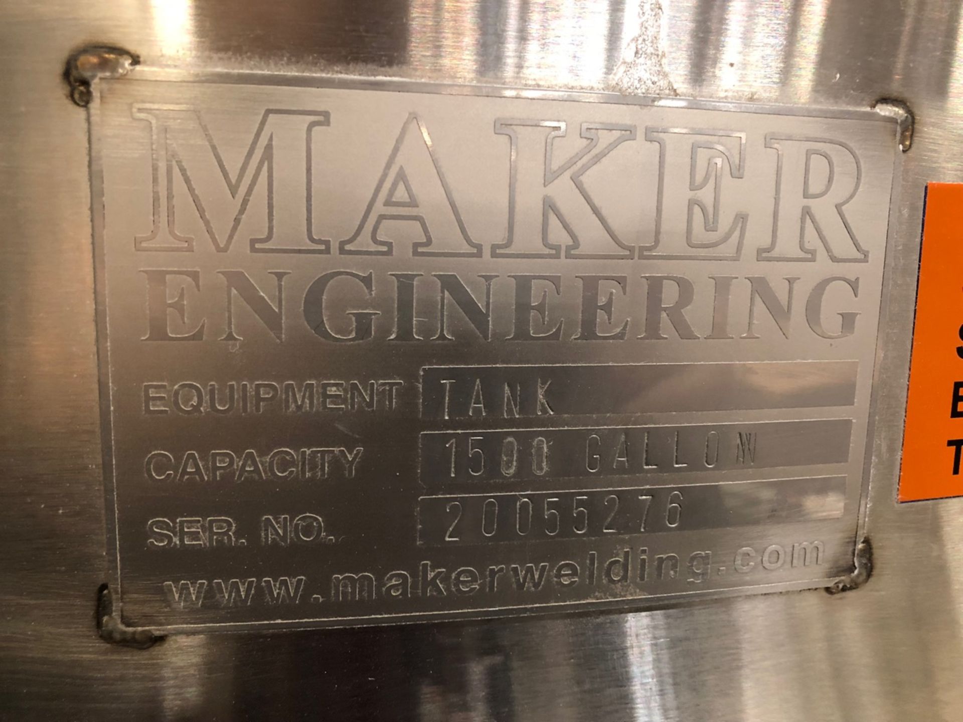 Maker Engineering 1500 Gallon | Maker Engineering 1500 Gallon Stainless Tank. S/N 20055276. On - Image 3 of 5